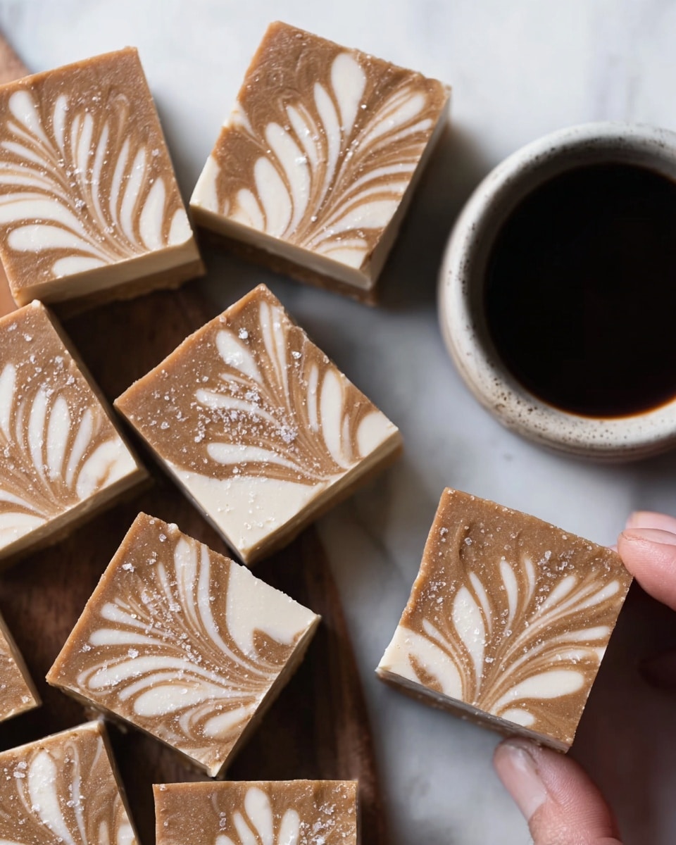 The image shows several square pieces of a dessert arranged closely on a white marble surface. Each piece has two visible layers: a bottom creamy off-white layer and a top light brown layer with a smooth swirl pattern creating leaf-like shapes. The top layer has a delicate sprinkle of coarse salt. To the right side, there is a small white bowl filled with a dark liquid, slightly glossy. In the lower right area, a woman's hand is holding one dessert piece from the corners. Photo taken with an iphone --ar 4:5 --v 7
