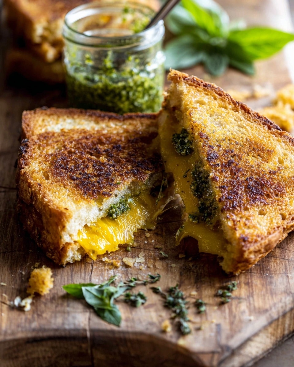 The image shows a grilled cheese sandwich on a wooden board with two visible layers inside: a golden toasted brown crispy bread on the outside and melted cheddar yellow cheese on the inside, with some green pesto sauce spread inside the sandwich. The sandwich is cut into triangular halves with the melted cheese pulling slightly between the halves. A small glass jar of green pesto sits behind the sandwich, and there are fresh green basil leaves and some small bits of herbs scattered on the board. The wooden board has a natural brown texture, and the photo is close up showing the crunchy texture of the sandwich crust and the soft melted cheese inside. Photo taken with an iphone --ar 4:5 --v 7