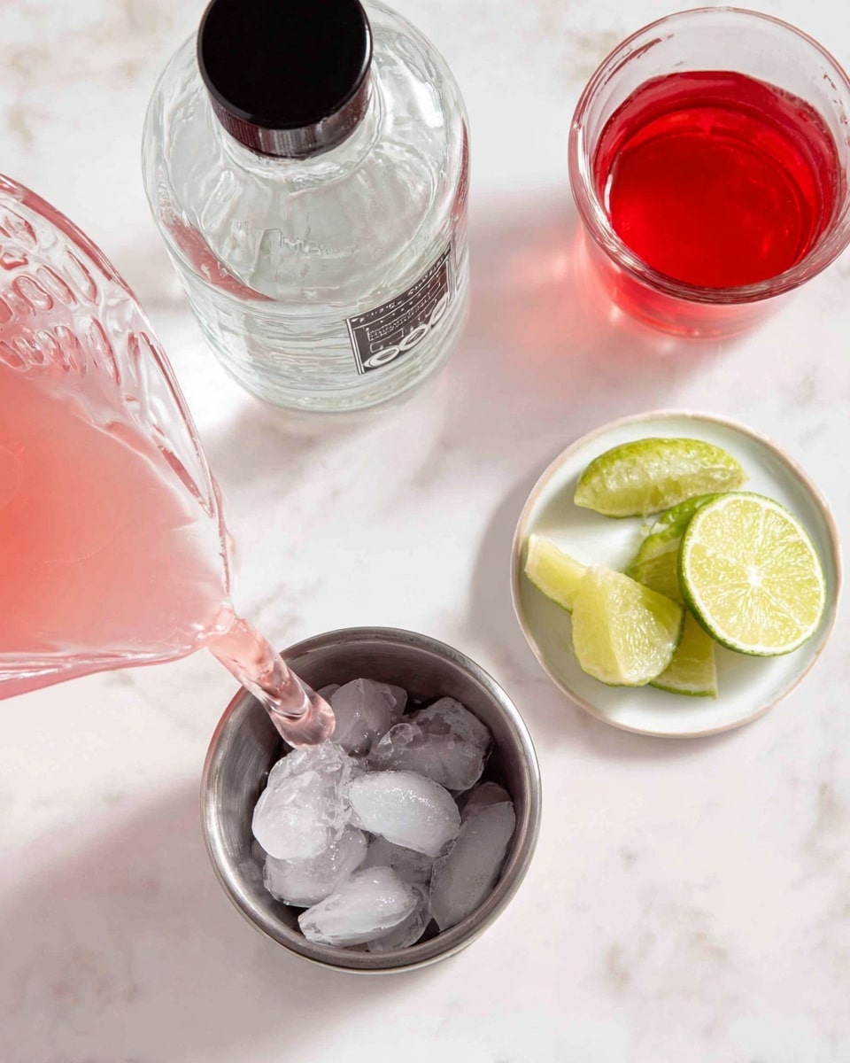 A close-up image shows a metal cup filled with ice cubes, while a clear glass pitcher with a pink liquid is being poured into it. To the left of the cup is a clear glass bottle with a black cap, and to the right, a small glass container filled with bright red liquid. In the top right corner, a small white plate holds four lime slices with a light green color. All items are arranged on a white marbled surface. Photo taken with an iphone --ar 4:5 --v 7