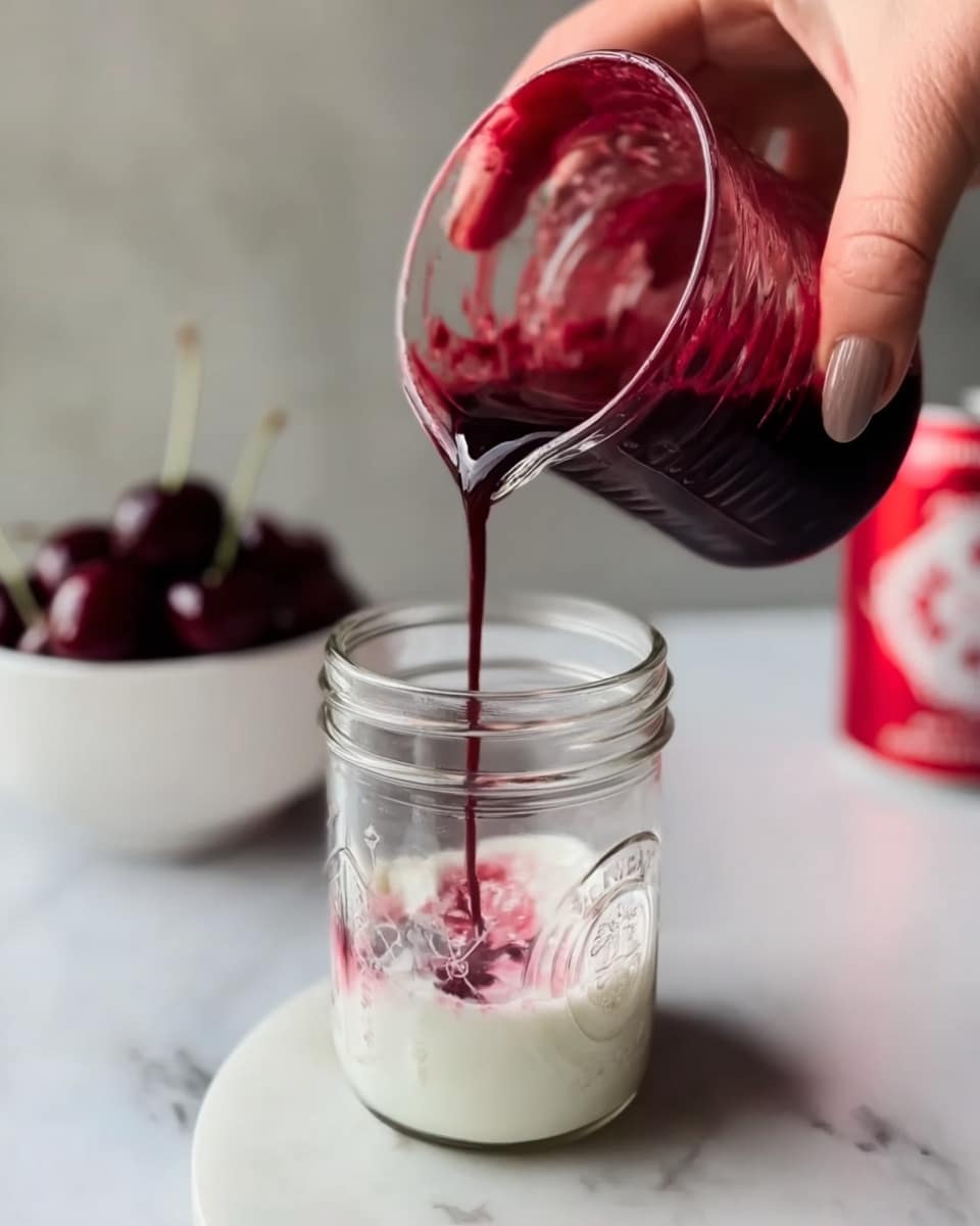 A woman's hand holding a clear glass measuring cup pours a thick dark red liquid into a glass jar that already contains a layer of white creamy liquid. The jar sits on a white marbled surface. In the blurred background, there is a white bowl filled with dark cherries and a red can with white text. The lighting is soft and natural, highlighting the texture of the liquids. photo taken with an iphone --ar 4:5 --v 7