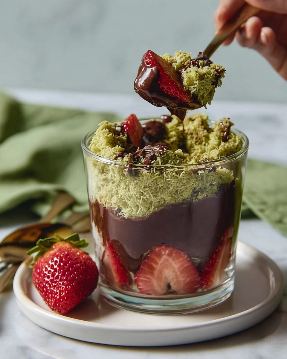 The dessert is in a clear glass cup placed on a white plate with a sliced strawberry on the side. Inside the cup, the bottom layer is whole and sliced red strawberries, followed by a thick dark brown chocolate layer that drips slightly on the glass sides. On top of the chocolate, there is a crumbly greenish-yellow layer with a coarse texture, sprinkled unevenly to form the top layer. The glass and plate sit on a white marbled surface with scattered crumbs around. photo taken with an iphone --ar 4:5 --v 7