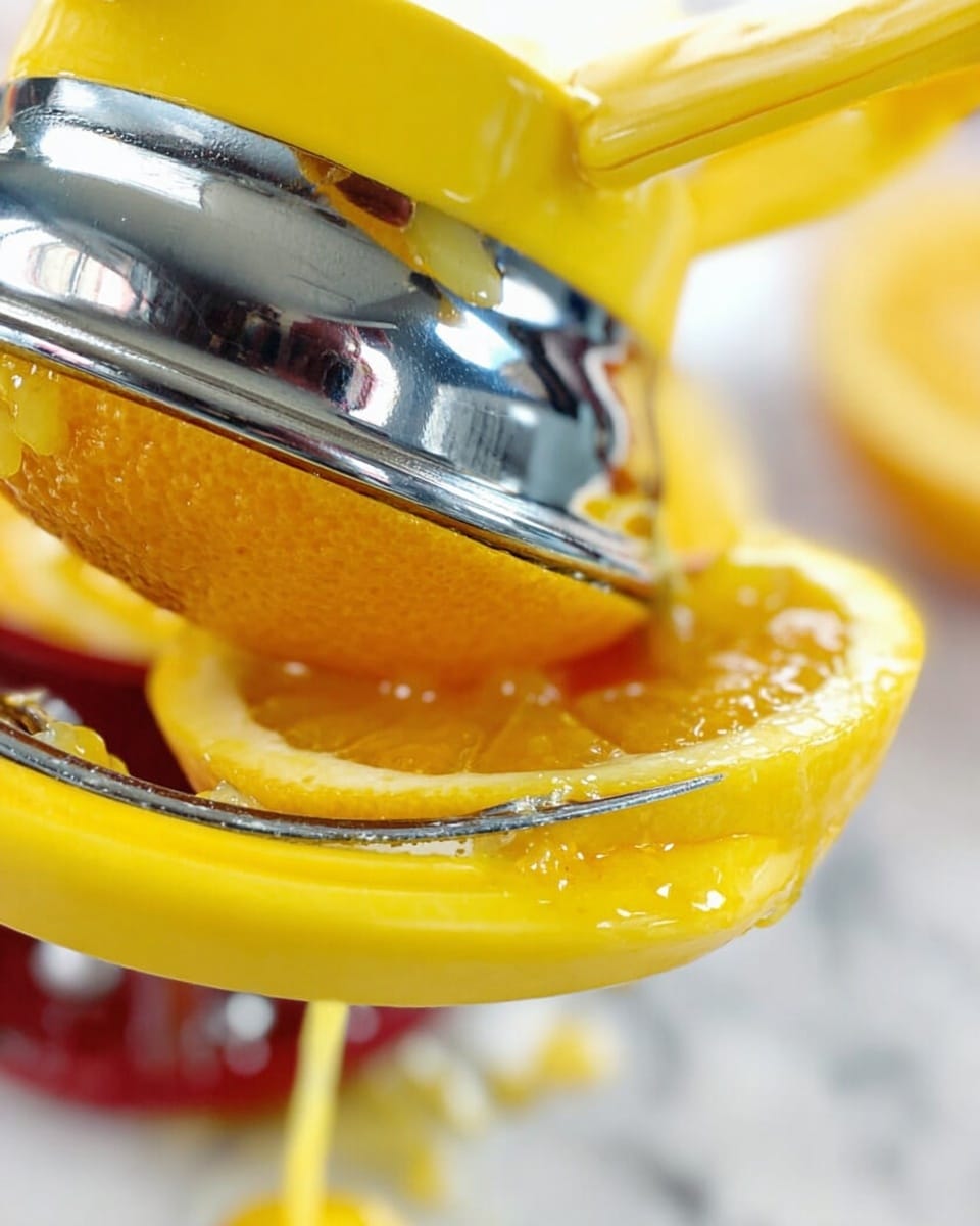 The image shows a close-up of a bright yellow manual citrus juicer holding half of an orange with its textured peel and juicy pulp visible. The metal pressing part shines in silver, pressing down on the orange, causing fresh orange juice to drip down and some pulp to collect around the edges of the juicer. The background and surface are blurred but have a white marbled texture visible, adding a clean and fresh look to the scene. photo taken with an iphone --ar 4:5 --v 7