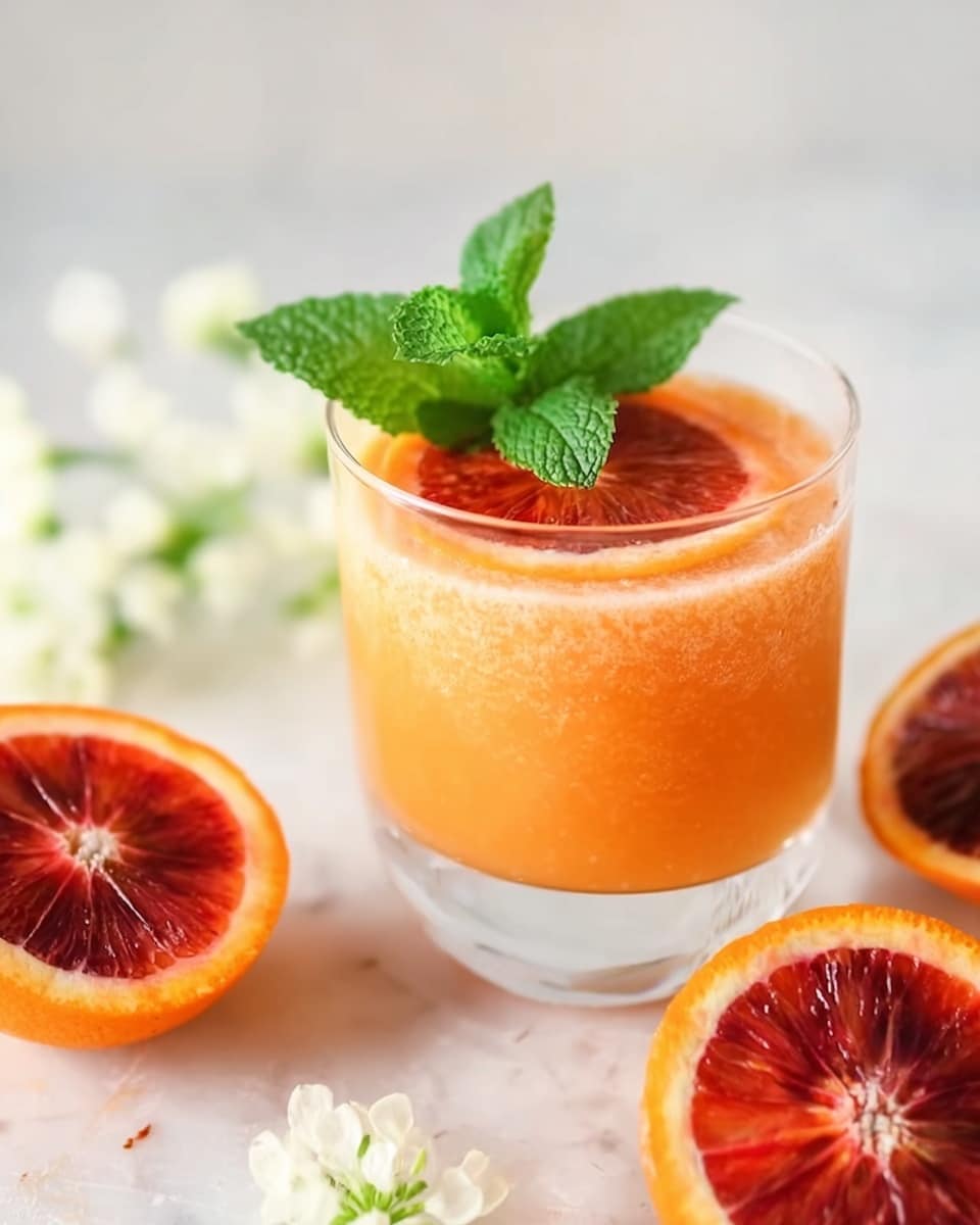 A clear glass holds a layered orange drink with a smooth texture, topped with a fresh green mint leaf that adds a pop of color. Around the glass, white marbled surface shows a few halved blood oranges with a deep red and orange inside pattern, creating a bright and fresh scene. Soft white flowers are out of focus in the background. The setting is bright and clean, emphasizing the orange colors of the drink and fruit. photo taken with an iphone --ar 4:5 --v 7