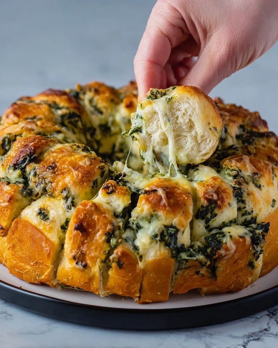 The image shows a ring-shaped pull-apart bread with a golden brown crust and green spinach mixed with melted cheese baked into the top and inside layers. The bread has many small sections, each soft and fluffy inside, with some pieces ruffled from being pulled apart. A woman's hand is pulling one piece from the side, showing the soft white inside dough. The bread sits on a white plate with a black rim, placed on a white marbled surface. Photo taken with an iphone --ar 4:5 --v 7