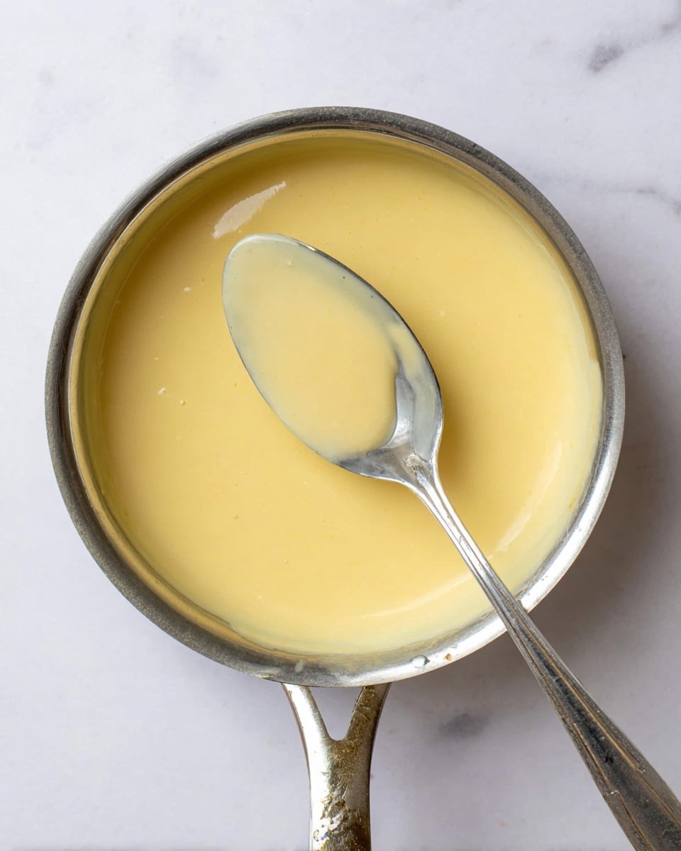 The image shows a close-up top view of a steel saucepan filled with smooth, creamy pale yellow sauce. A metal spoon with a long handle rests inside, partially lifted from the sauce, showing a shiny, reflective surface. The saucepan handle extends outwards and shows some wear marks. The saucepan sits on a white marbled surface, and the sauce has a thick, velvety texture with no visible chunks. photo taken with an iphone --ar 4:5 --v 7