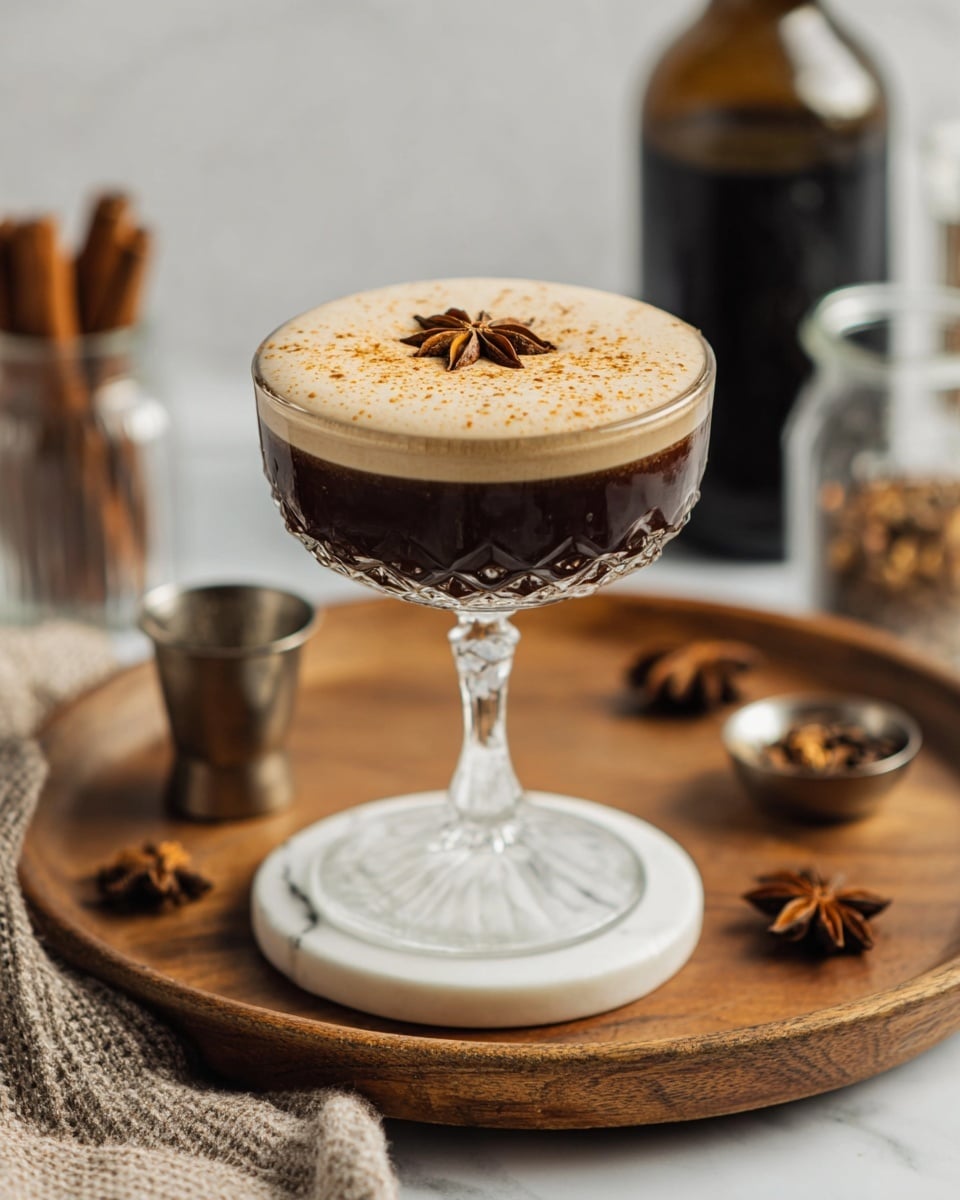 A crystal-clear glass coupe filled with a dark brown drink topped with a thick layer of light tan foam, garnished with a single star anise placed in the center of the foam. The glass stands on a round white marble coaster atop a wooden tray. Around the tray are small star anise pieces, a small metal cup with cinnamon sticks, and a textured cloth. The background shows a blurred bottle with dark liquid and a small glass jar on a white marbled surface. Photo taken with an iphone --ar 4:5 --v 7