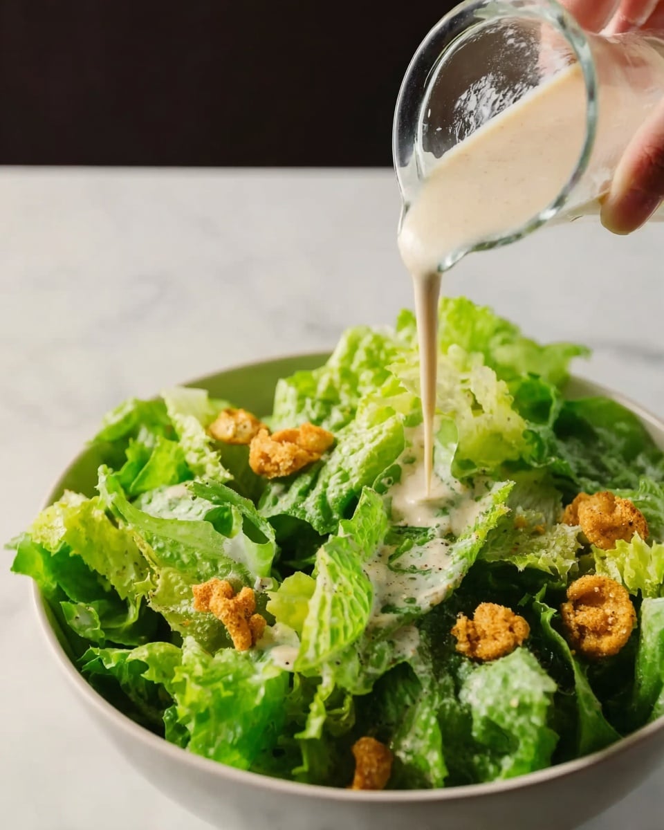 The image shows a fresh salad in a white bowl with large green leafy lettuce pieces. On top of the lettuce, there are small round golden crunchy bits scattered evenly. A woman's hand is pouring a light creamy dressing over the salad from a clear glass container, with the dressing falling in a thick stream onto the center of the salad. The background is a white marbled surface. photo taken with an iphone --ar 4:5 --v 7