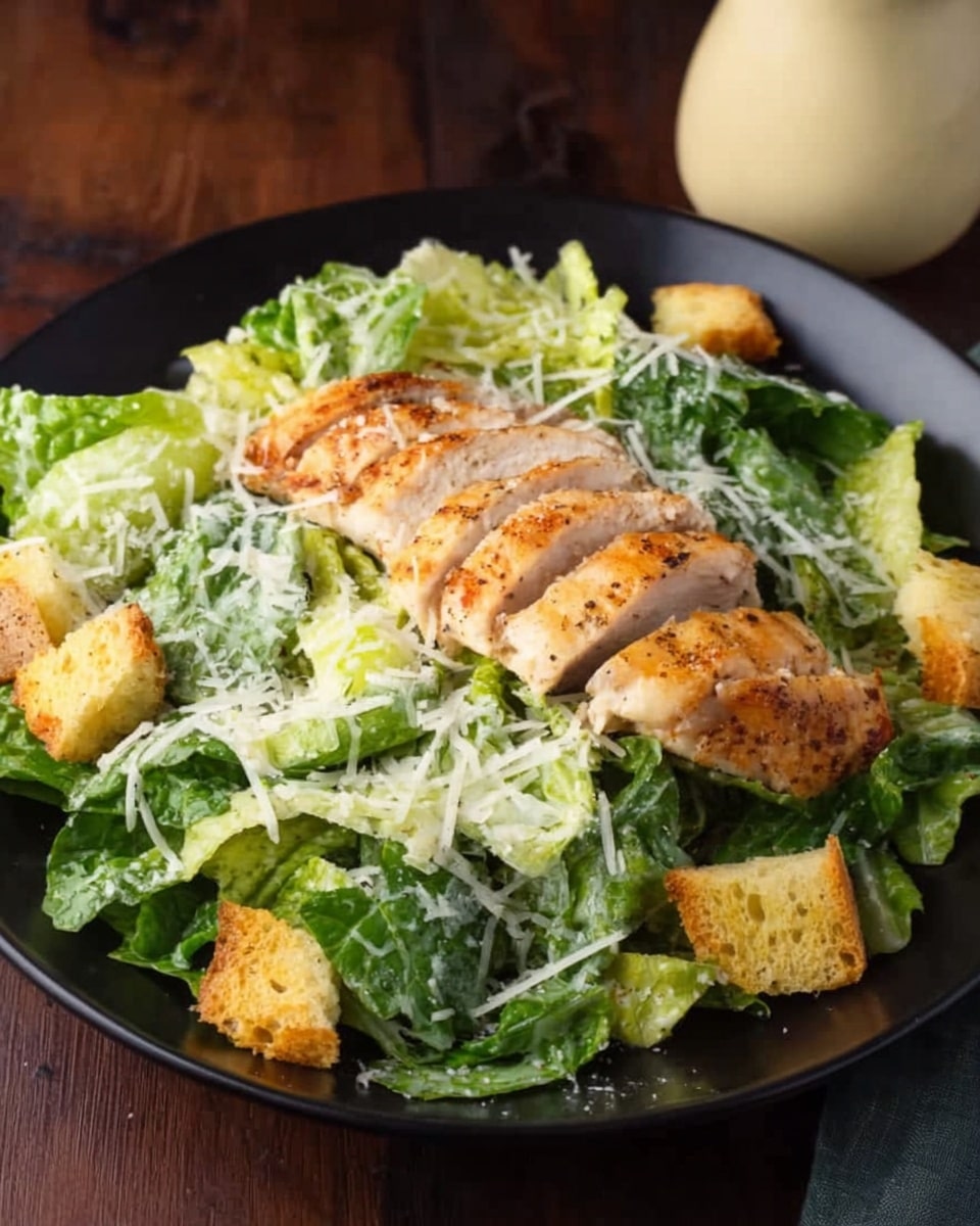 A black plate holds a fresh salad with green leafy lettuce filling most of the plate, topped with light yellow croutons scattered around. On top of the greens rests a single piece of golden-brown grilled chicken sliced into several thin pieces, showing a moist texture inside. Shredded white cheese is sprinkled evenly over the salad. The plate sits on a dark wooden surface with a light-colored ceramic jug visible near the top right corner. photo taken with an iphone --ar 4:5 --v 7