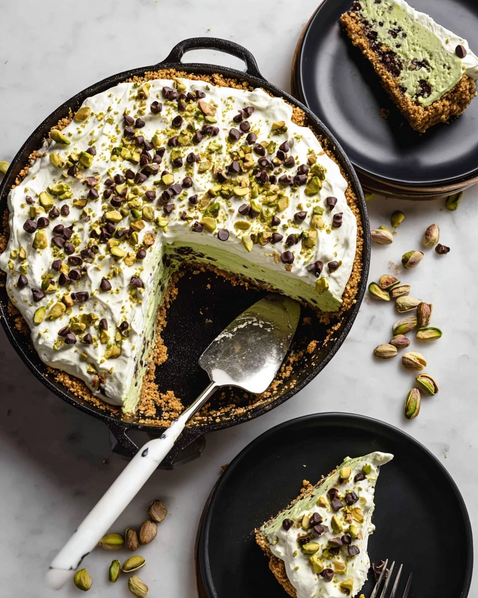 The image shows a three-layered dessert in a black cast iron pan. The bottom layer is a golden-brown crumb crust. The middle layer is a green creamy filling with small dark chocolate chips. The top layer is white whipped cream sprinkled with chopped green pistachios and small dark chocolate chips scattered evenly. A slice is taken out, revealing the layers, and the slice is placed on a black plate with a white handle fork next to it. Another black plate with a similar slice and fork is partly visible. Some loose pistachios are scattered around on a white marbled surface. photo taken with an iphone --ar 4:5 --v 7