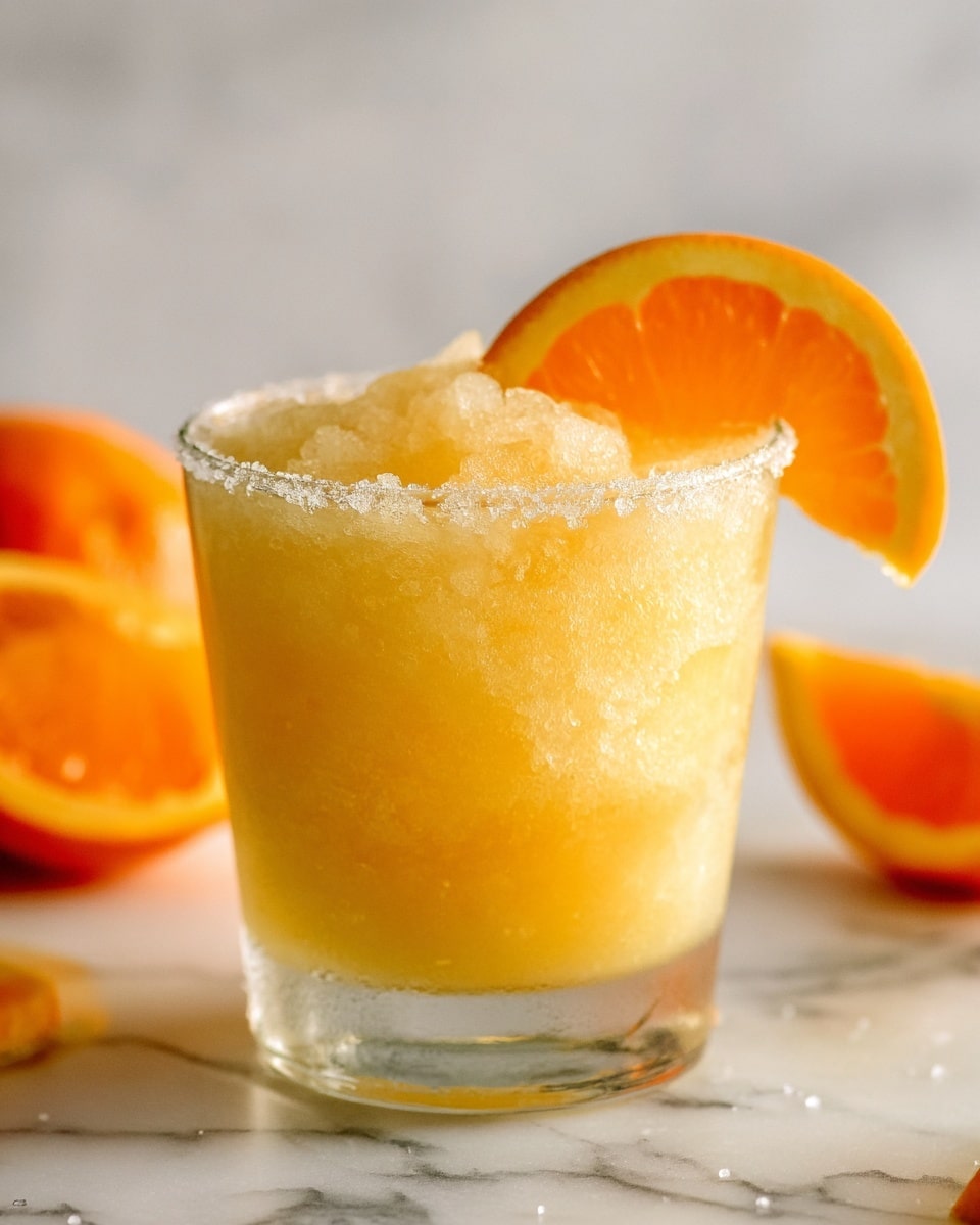 A clear glass filled with a light yellow creamy drink topped with ice cubes and a thick layer of foam. Inside the drink, near the side of the glass, is a slice of orange visible through the glass. The rim of the glass is covered with a granulated texture, likely sugar or salt. An orange slice is placed on the rim of the glass as a garnish. The white marbled surface holds a halved orange in the foreground and a whole orange blurred in the background, with a white cloth softly draped nearby. The photo is bright and focused on the drink with a soft background blur. photo taken with an iphone --ar 4:5 --v 7