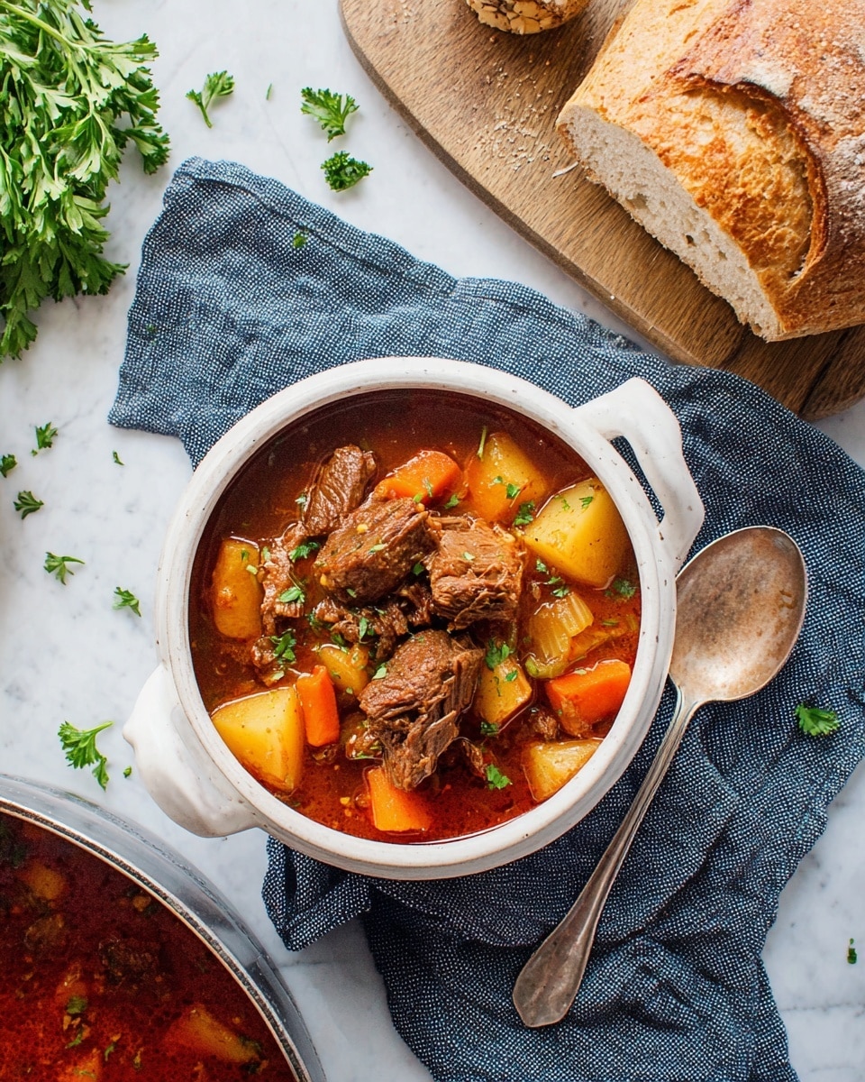 A white bowl with two handles holds a stew with three main layers visible: large brown pieces of meat sitting on top, mixed with bright orange carrot chunks, and big light yellow potato pieces, all covered in a rich, reddish-brown sauce sprinkled with small green parsley leaves. The bowl rests on a crumpled dark blue cloth, beside a silver spoon. Nearby, a round loaf of bread with a crisp, golden crust sits on a wooden cutting board, and fresh green parsley sprigs are scattered on the white marbled surface. Part of a metal pot containing more reddish stew is visible at the bottom left corner. Photo taken with an iphone --ar 4:5 --v 7