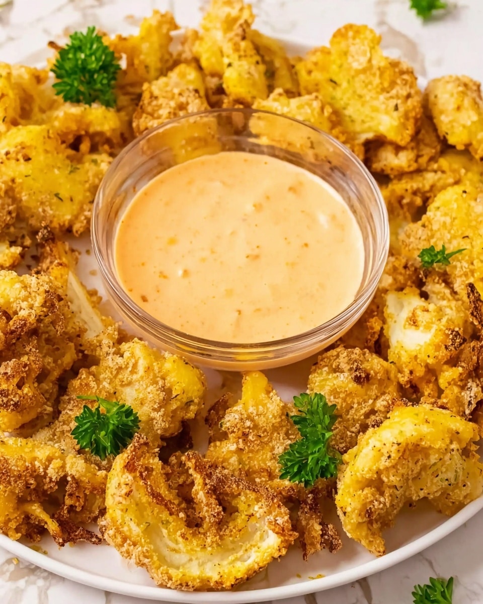 The image shows a white plate with crispy fried pieces that are golden yellow with light brown crispy edges, arranged around a glass bowl of creamy light orange dipping sauce positioned in the center of the plate. There are small green parsley leaves placed on the plate near the fried pieces, adding a touch of color contrast. The background surface has a white marbled texture. photo taken with an iphone --ar 4:5 --v 7