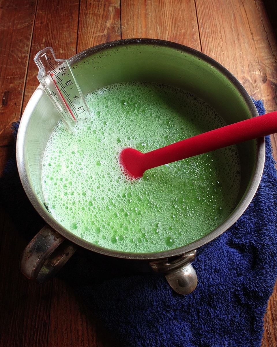 A metal pot filled with a bright green frothy liquid mixture showing light bubbles on the surface, with a red spatula inside the pot stirring the mixture. A glass thermometer is clipped to the side of the pot. The pot is placed on a wooden surface next to a dark blue cloth. Photo taken with an iphone --ar 4:5 --v 7
