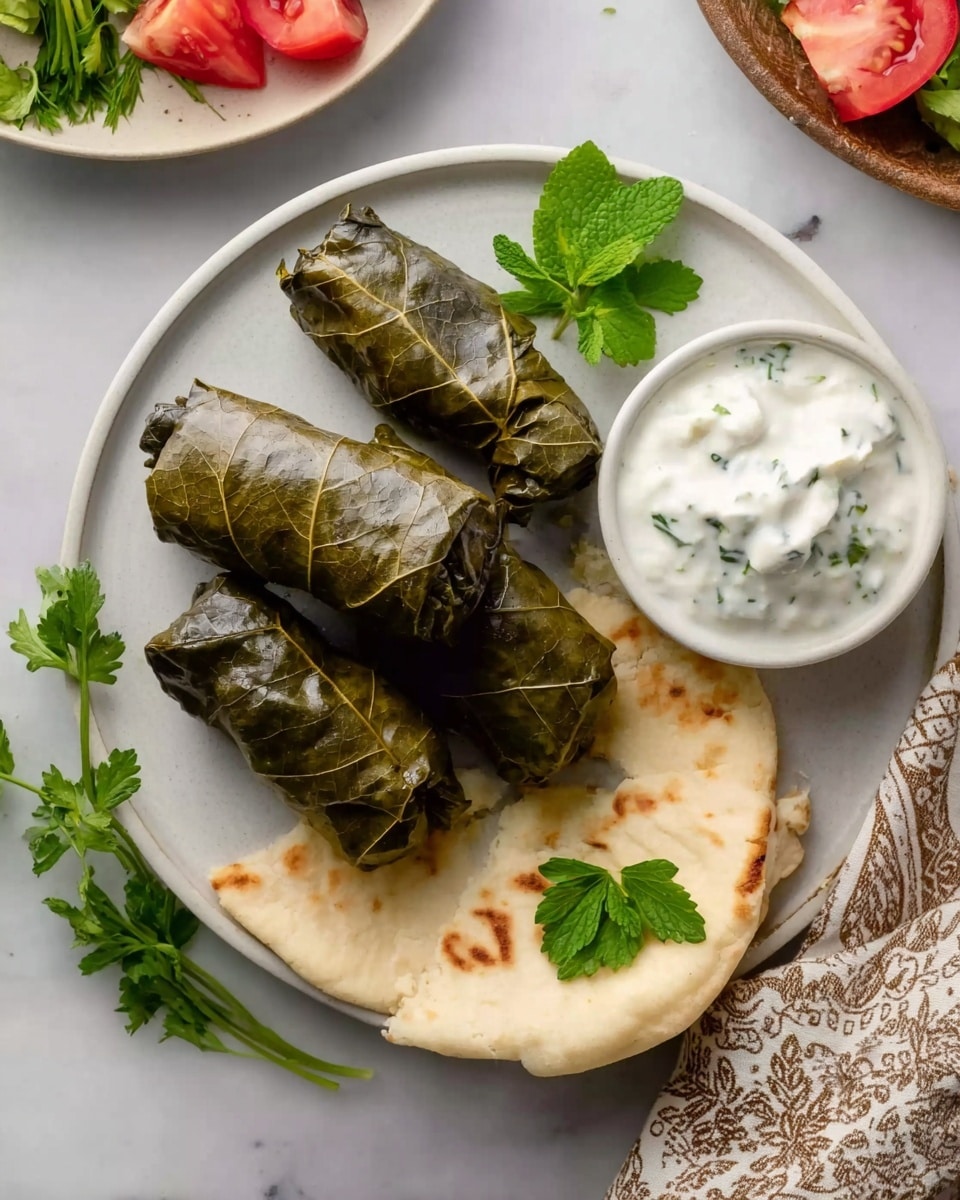 The image shows a white plate holding five grape leaf rolls stuffed with rice and herbs, arranged in a relaxed cluster in the center. The grape leaves are dark green with a slightly shiny, smooth texture. To the side, there is a small white bowl filled with a creamy, white yogurt sauce with small green herb bits mixed in. A piece of pale beige flatbread with some light brown toasted spots and a sprig of green herb on top rests on the lower edge of the plate. Fresh green herbs are scattered around the grape leaf rolls for garnish. The plate sits on a white marbled surface with a corner of a beige patterned cloth napkin and a hint of a second plate with red tomato slices and green herbs visible in the upper left corner. Photo taken with an iphone --ar 4:5 --v 7