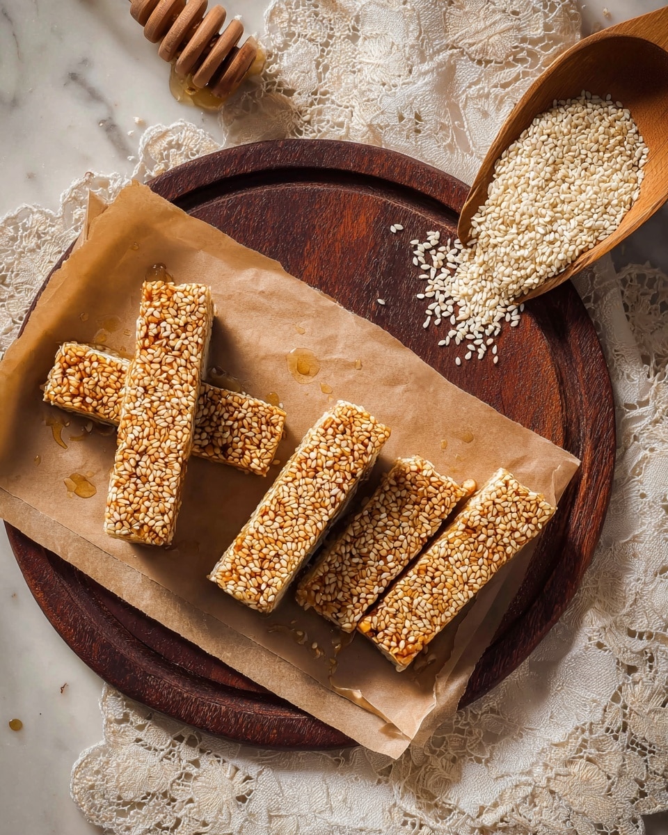 Four rectangular sesame seed bars with a shiny golden-brown texture are arranged on a piece of brown paper placed on a dark wooden round tray. To the top right of the bars, a wooden spoon filled with white sesame seeds leans on the tray, with some seeds spilled around. To the left, a wooden honey dipper with honey is placed on a white marbled surface, which also has a piece of light brown paper. Under the tray, a white lace cloth with floral patterns is partially visible. The lighting highlights the glossy texture of the sesame bars and the natural wood grain of the spoon and tray. photo taken with an iphone --ar 4:5 --v 7