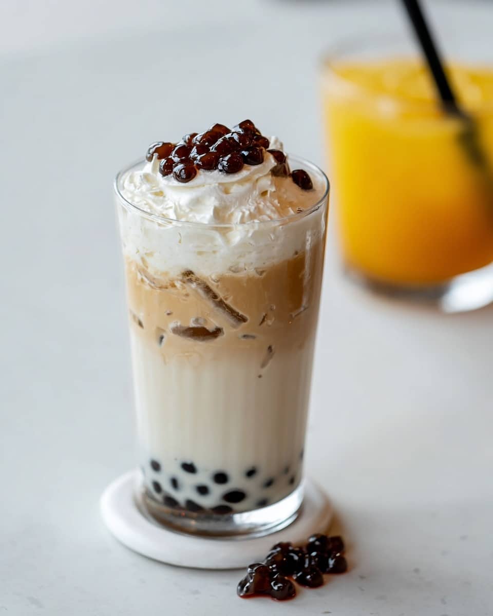 Two clear glasses filled with a creamy, light beige drink topped with several clear ice cubes and small, round bright red pearls scattered inside the liquid. Each glass has a black straw placed inside. The glass in front sits on a round white wooden coaster with some red pearls spilled over it, while the second glass is slightly blurred in the background. The whole scene is set on a white marbled texture surface. photo taken with an iphone --ar 4:5 --v 7