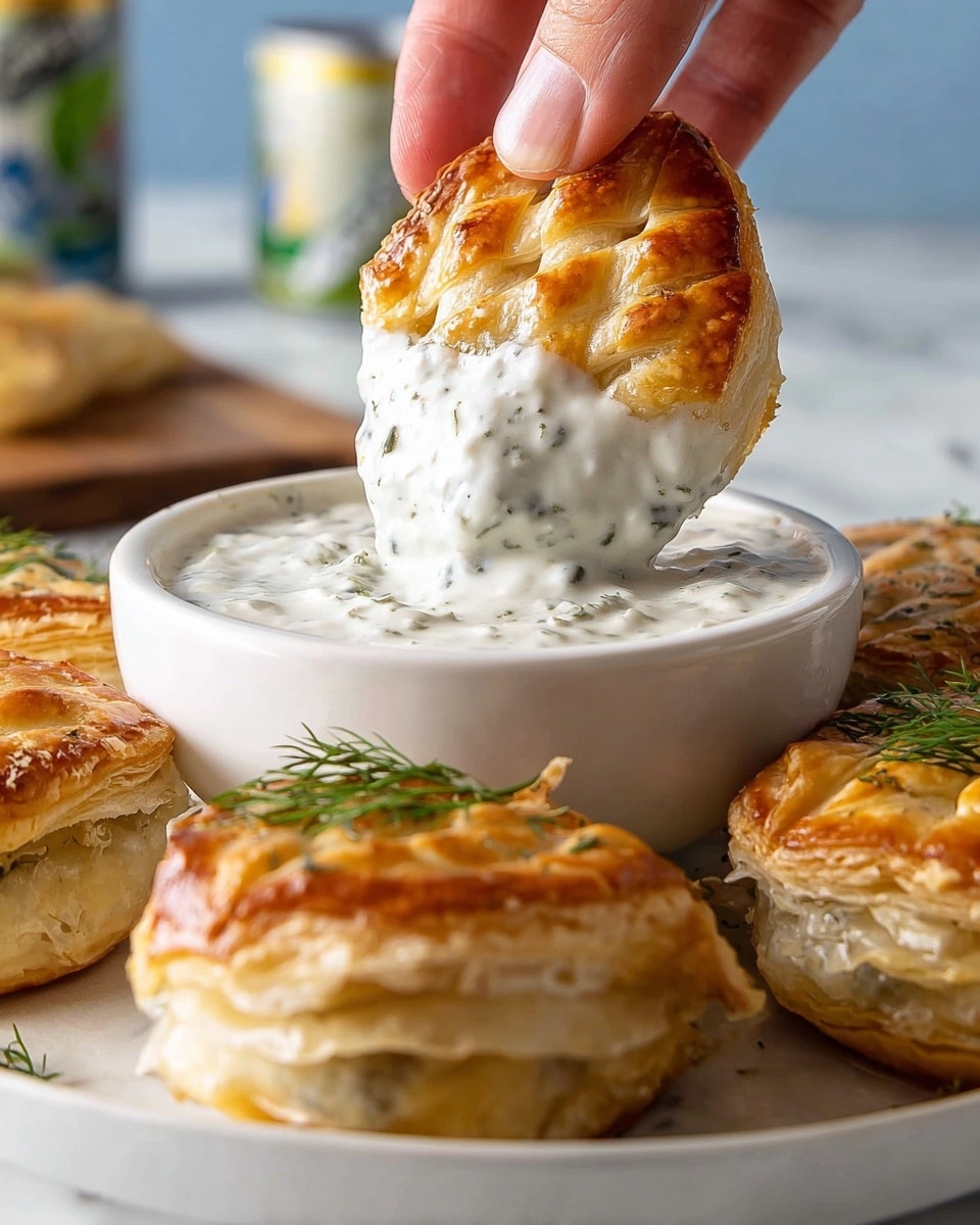 A close-up shows a golden-brown puff pastry with a lattice top being dipped by a woman’s hand into a white bowl filled with thick white sauce speckled with green herbs; around the bowl, more puff pastries with similar golden flaky layers rest on a white plate, some garnished with small sprigs of dill, all set on a white marbled surface with blurred cans in the background. photo taken with an iphone --ar 4:5 --v 7