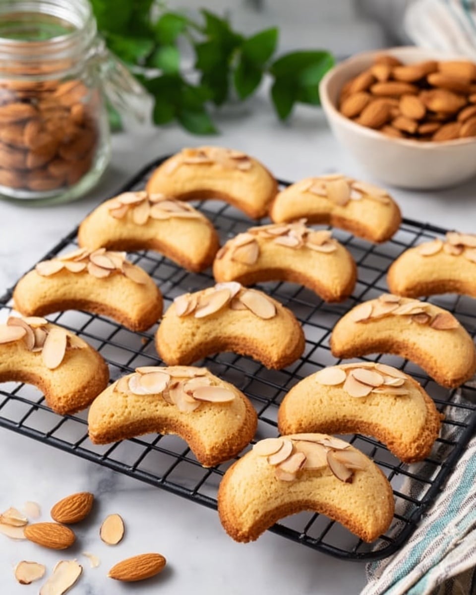 The image shows a group of crescent-shaped cookies with a golden-brown color, arranged on a black wire cooling rack. Each cookie is topped with a scattering of light brown almond slices, adding texture to the smooth, slightly cracked surface. The cookies are evenly spaced, and the scene is set on a white marbled surface. In the background, there is a small glass jar filled with whole almonds, and a white bowl with some green leaves and a striped cloth partially visible. The photo is taken with an iphone --ar 4:5 --v 7
