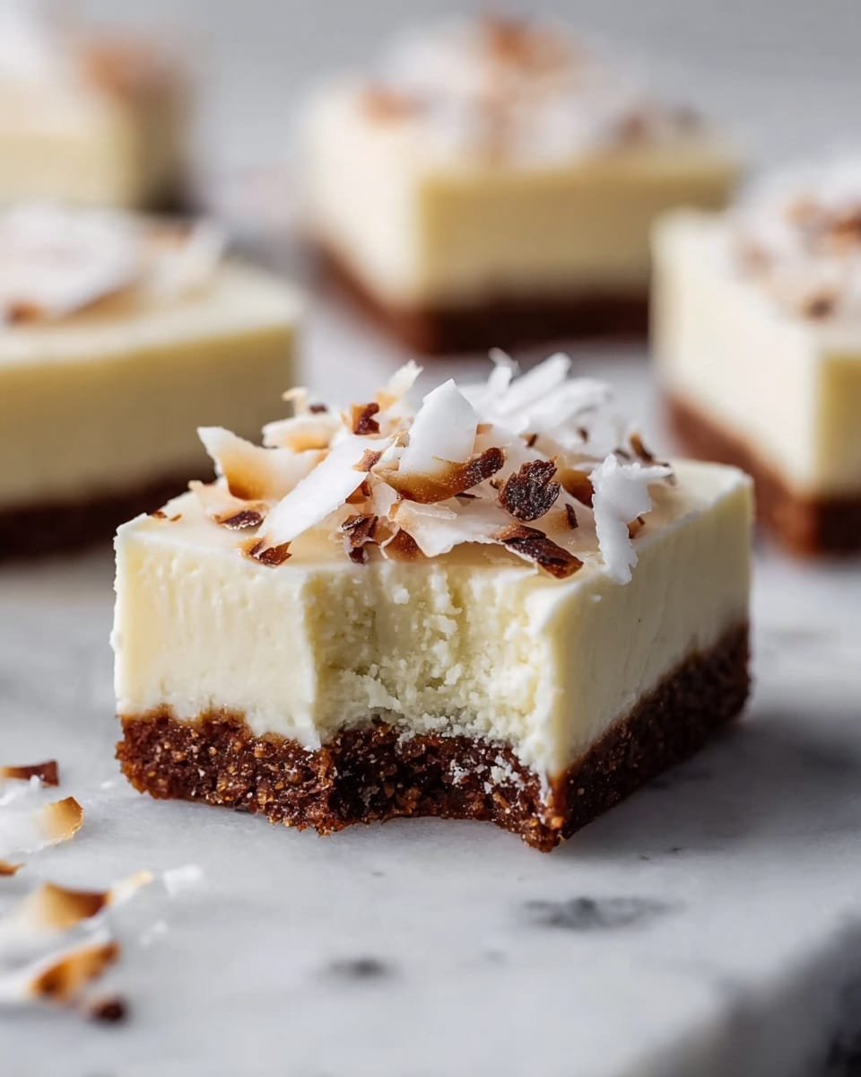 The image shows a close-up of a dessert square on a white marbled surface, with a thick, crumbly dark brown base layer at the bottom, a thick creamy off-white middle layer with a smooth texture, topped with thin white coconut flakes that have dark brown edges scattered lightly. One dessert square has a bite taken out, revealing a soft, creamy inside with small grain-like textures. Around the main piece, there are blurred pieces of the same dessert in the background. photo taken with an iphone --ar 4:5 --v 7