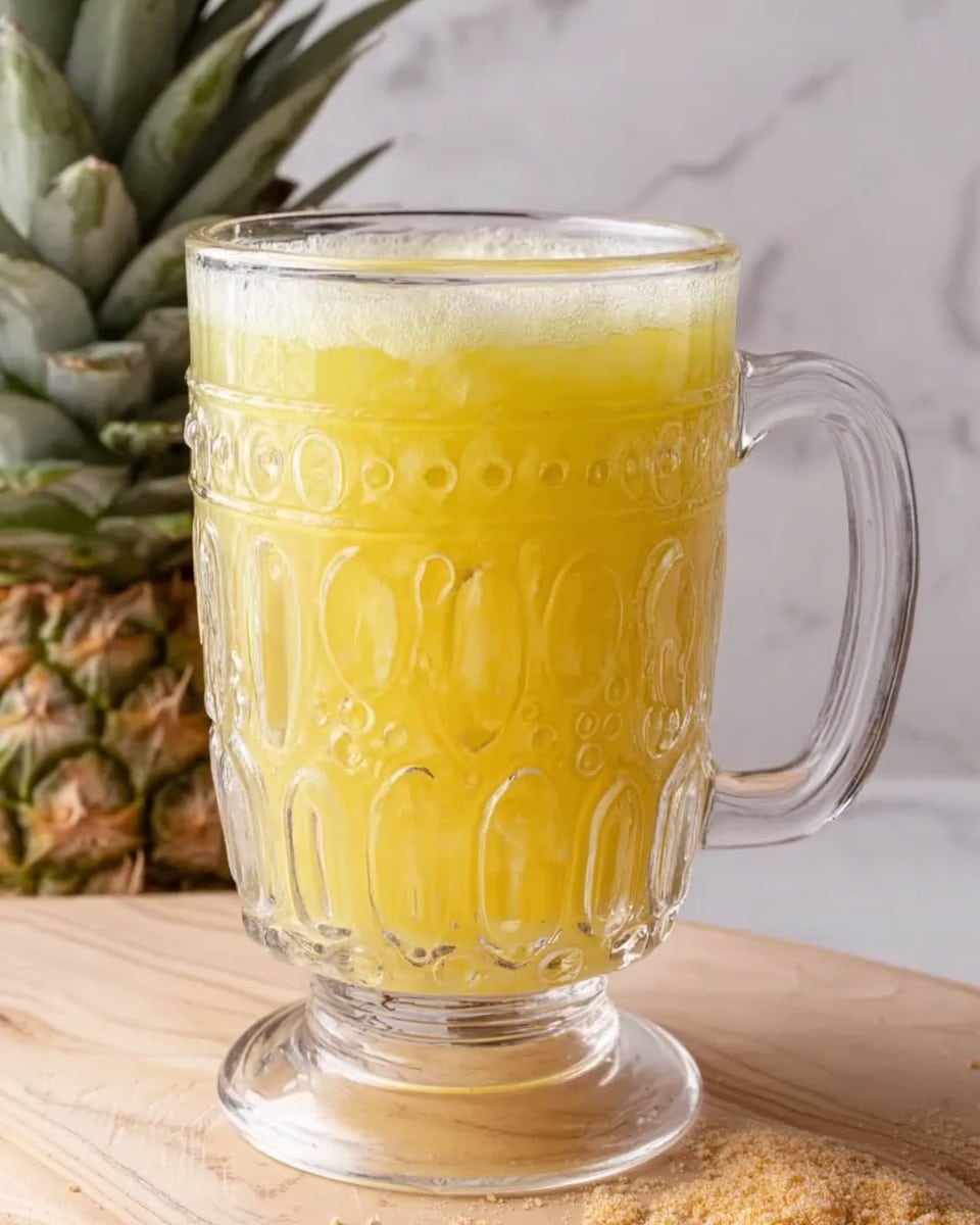 A clear glass with a handle sits on a light wooden surface, filled with bright yellow juice with a frothy top layer. The glass features an ornate raised pattern consisting of oval shapes and small dots. To the left of the glass, a pineapple with green spiky leaves is partially visible. The background and surface beneath are white marbled textures, and some light brown crumbs or powder sit scattered near the glass. photo taken with an iphone --ar 4:5 --v 7
