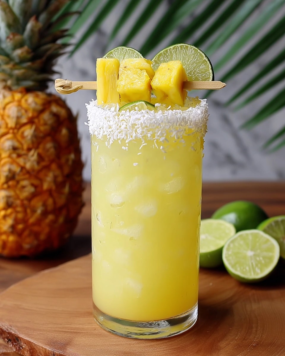 A tall clear glass filled with light yellow juice and lots of ice cubes. The glass rim is coated with white shredded coconut, adding texture around the top edge. On top of the drink, there is a wooden stick holding three large chunks of bright yellow pineapple and three thin, bright green lime slices behind the pineapple. The glass is placed on a wooden table with a whole pineapple and halved limes in the background. The background surface is a white marbled texture with a green palm leaf blurred in the back. Photo taken with an iphone --ar 4:5 --v 7