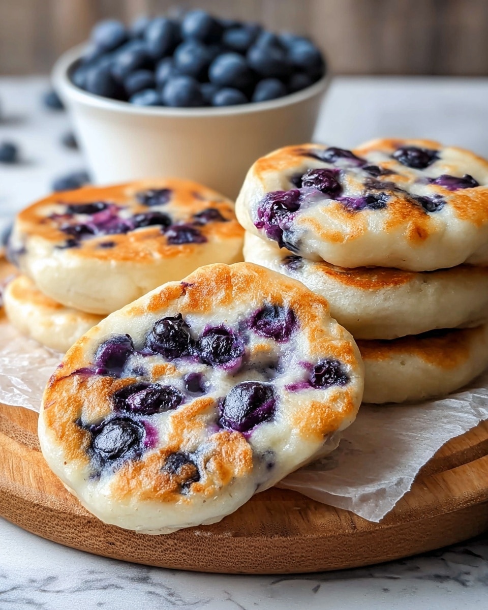 Four round blueberry pancakes with a golden brown top layer showing small blueberries baked inside, arranged on a piece of parchment paper over a wooden board. The pancakes have a soft, thick texture with some blueberries bursting and blending purple juice into the white dough. In the background, there is a white bowl filled with fresh blueberries, all set on a white marbled surface. Photo taken with an iphone --ar 4:5 --v 7