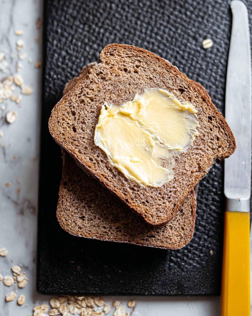 The image shows two slices of dark brown bread on a black textured surface placed over a white marbled background. The top slice has a layer of creamy, pale yellow butter spread unevenly near the center, revealing the grainy texture of the bread underneath. The edges of the bread are slightly darker and have a rough crust. To the right of the bread slices, there is a knife with a yellow handle and a silver blade lying flat. A few scattered oats lie near the bottom of the image. Photo taken with an iphone --ar 4:5 --v 7