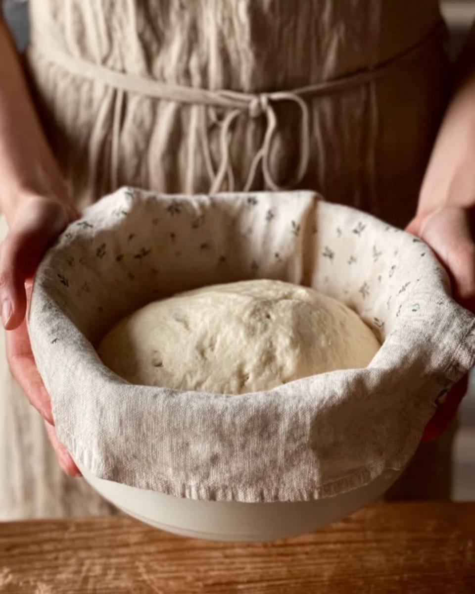 A close-up view of a woman's hands holding a white bowl lined with a soft beige cloth with small patterns, containing a smooth, light beige dough with slight dimples on its surface. The bowl is placed on a wooden table, and the person wears a loose, light brown linen apron. The background is out of focus with warm colors, creating a cozy atmosphere. Photo taken with an iphone --ar 4:5 --v 7