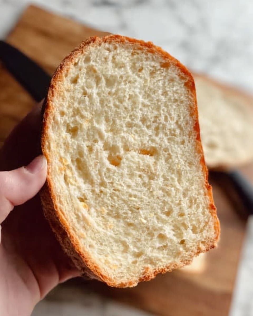 A close-up of a slice of bread held by a woman's hand, showing the soft and light inside with small air holes and a slightly rough texture. The crust is golden brown with a thin edge visible at the top of the slice. The background shows a white marbled surface with a wooden cutting board and a black-handled knife blurred in the back. Photo taken with an iphone --ar 4:5 --v 7