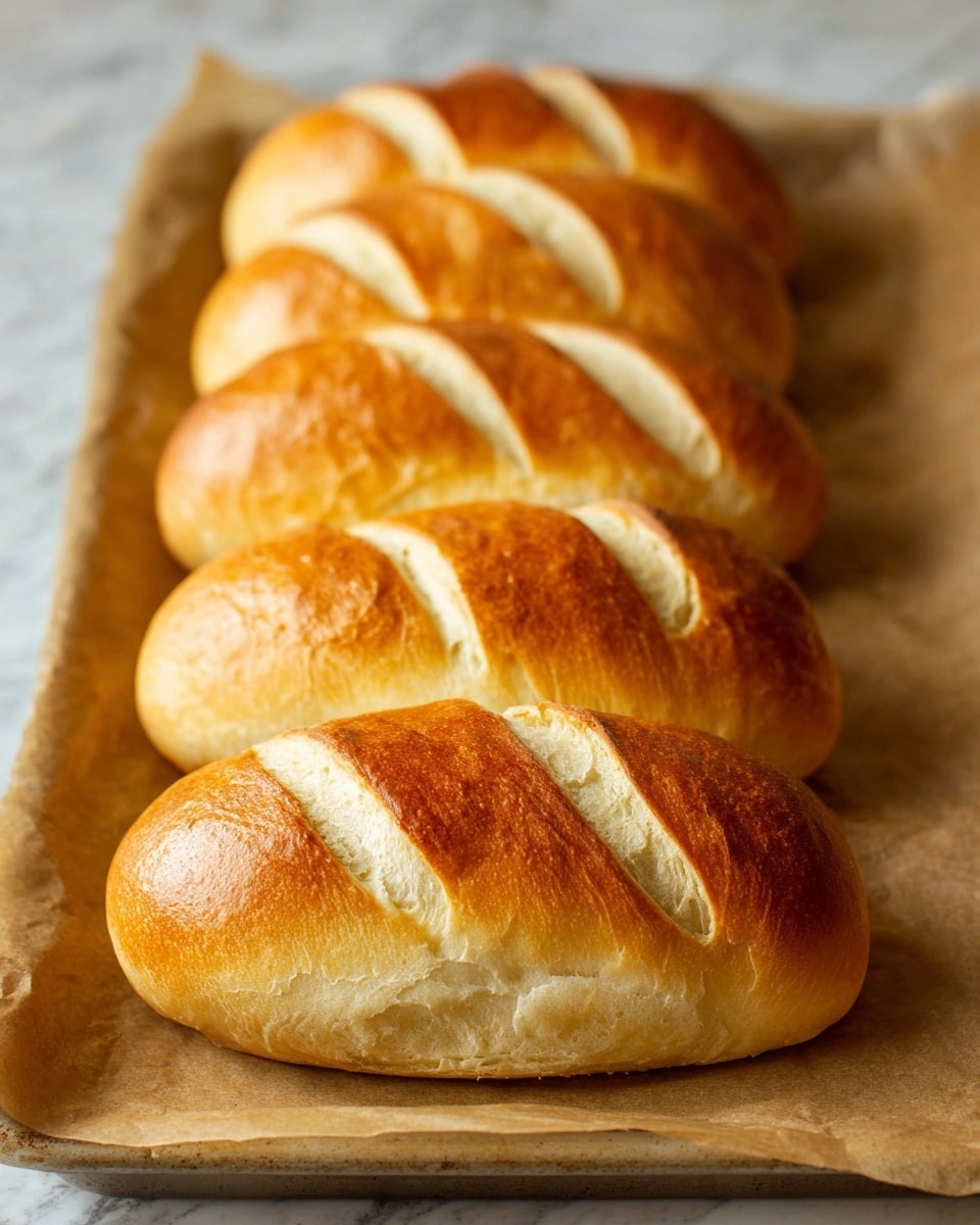 Five small golden brown bread loaves sit in a row on a baking sheet lined with light brown parchment paper. Each loaf has a glossy, slightly crisp surface with three diagonal cuts on top, showing a soft, light inside. The loaves are closely placed, with the one in front slightly larger and more focused. The baking sheet rests on a white marbled surface that adds a clean and simple background to the scene. photo taken with an iphone --ar 4:5 --v 7