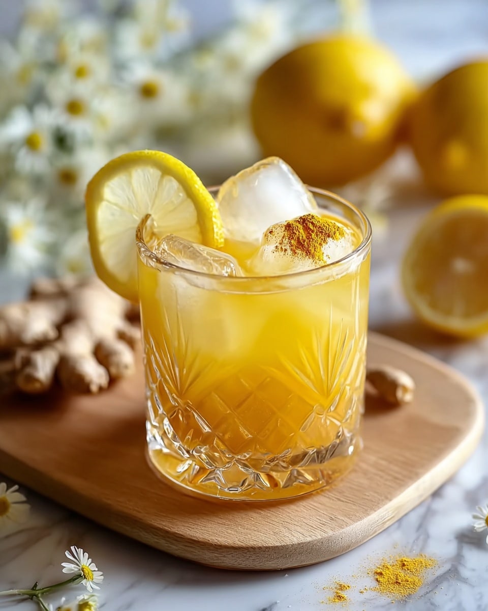 A clear glass with a diamond pattern holds a bright yellow-orange drink filled with large ice cubes. On the top right side of the drink, there is a small heap of golden-yellow powder floating on the surface. A thin lemon slice is placed on the rim of the glass, leaning slightly inward. The glass sits on a light wooden board, which rests on a white marbled surface. The background is softly blurred, showing whole yellow lemons and light-colored ginger roots with small white flowers scattered around. photo taken with an iphone --ar 4:5 --v 7