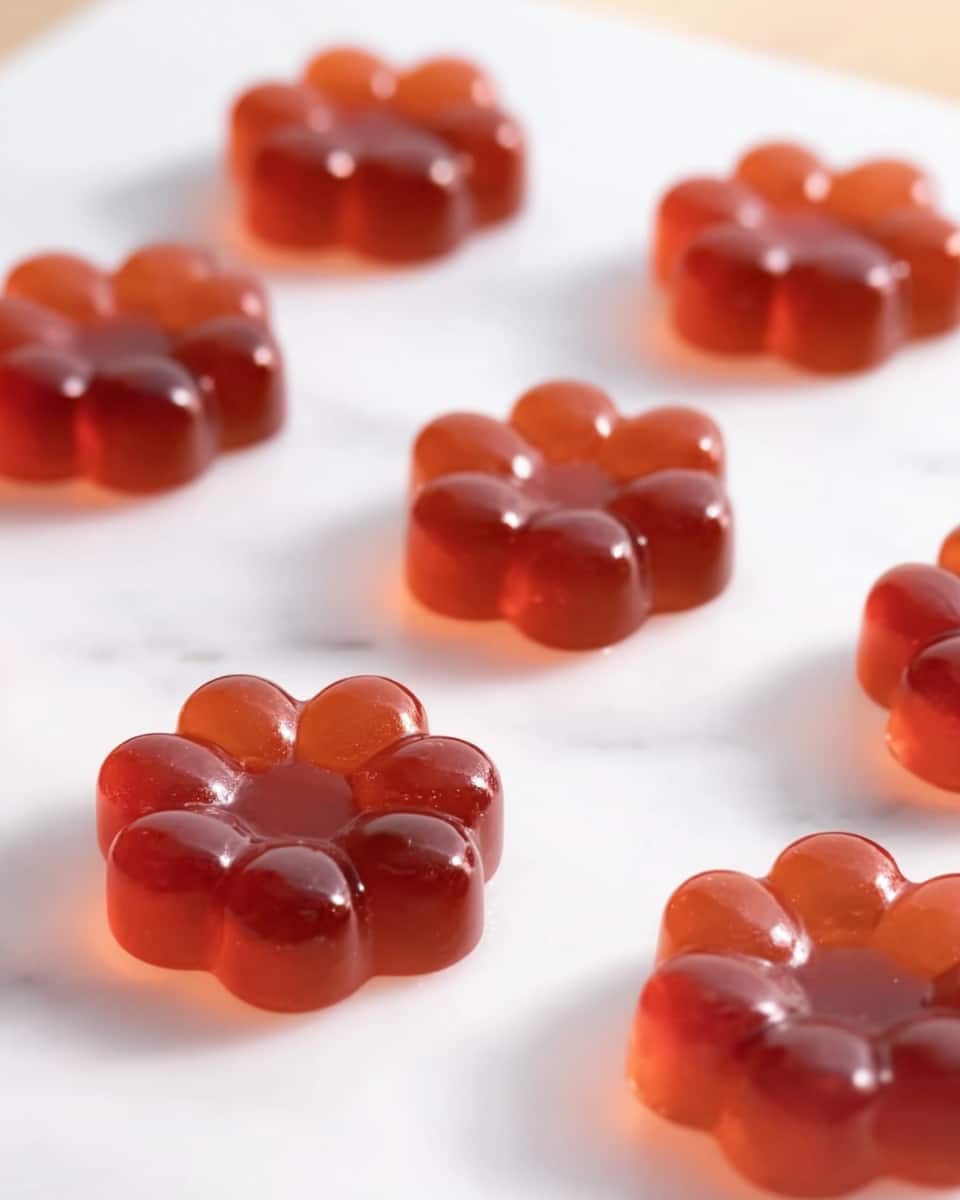 The image shows small flower-shaped jelly candies arranged in rows on a smooth white surface with a white marbled texture background. Each jelly candy is translucent with a rich reddish-brown color and has a shiny, soft texture. The candies are closely placed but not touching, with the closest pair slightly overlapping in the foreground. The overall lighting highlights their glossy surface and smooth edges. The scene is clean and minimalistic, focusing on the simple beauty of the flower-shaped candies. photo taken with an iphone --ar 4:5 --v 7