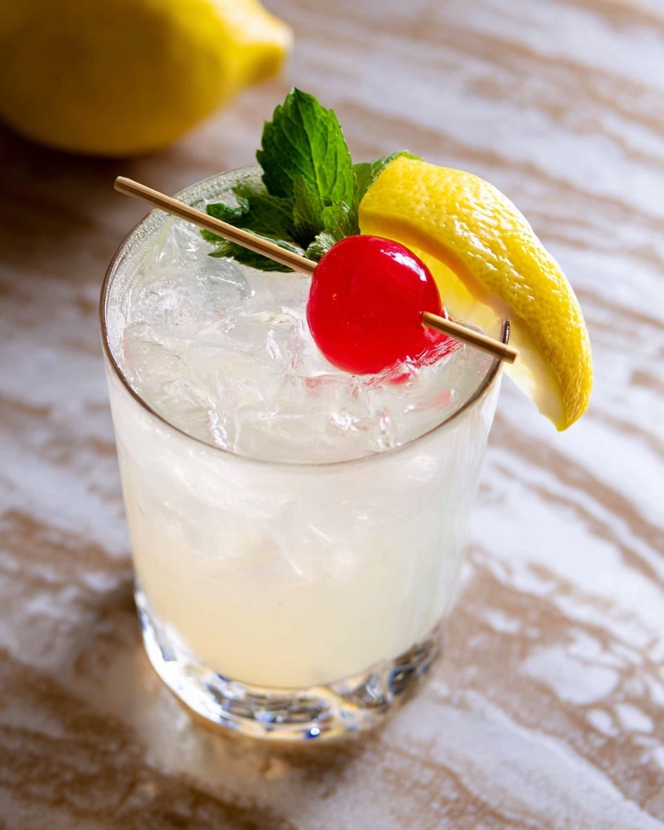 A clear glass filled with light, milky white liquid and several clear ice cubes is shown. The drink is topped with a bright red cherry and a yellow lemon slice, both skewered on a thin wooden stick resting on the rim of the glass. A small green mint leaf adds a fresh touch next to the lemon slice. The glass sits on a surface with a white marbled texture. Photo taken with an iphone --ar 4:5 --v 7