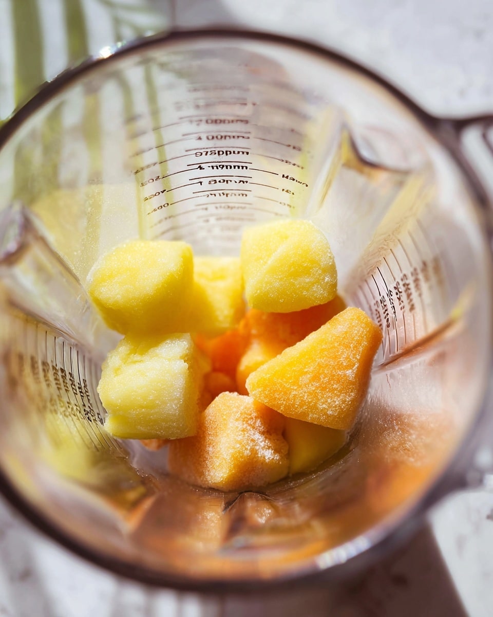 Inside a clear blender, there are several chunks of frozen yellow and orange fruits resting at the bottom. The fruits have a rough texture and appear slightly frosty. The container has measurement marks on the side, and soft natural light highlights the different shades of yellow and orange within the fruit pieces. The background has a white marbled look, giving a clean and simple feel to the image. photo taken with an iphone --ar 4:5 --v 7