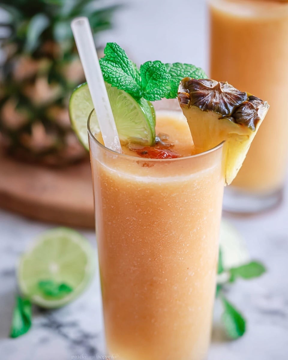 The image shows a tall clear glass filled with a light orange, smooth frozen drink that has tiny bubbles on the surface. On the rim, there is a thin slice of lime and a triangular piece of pineapple with green and brown skin. Behind these fruit pieces, several fresh bright green mint leaves stick out. A white straw is placed inside the glass, leaning to the left. The background is softly blurred with hints of other similar drinks and a light surface with a white marbled texture. Photo taken with an iphone --ar 4:5 --v 7