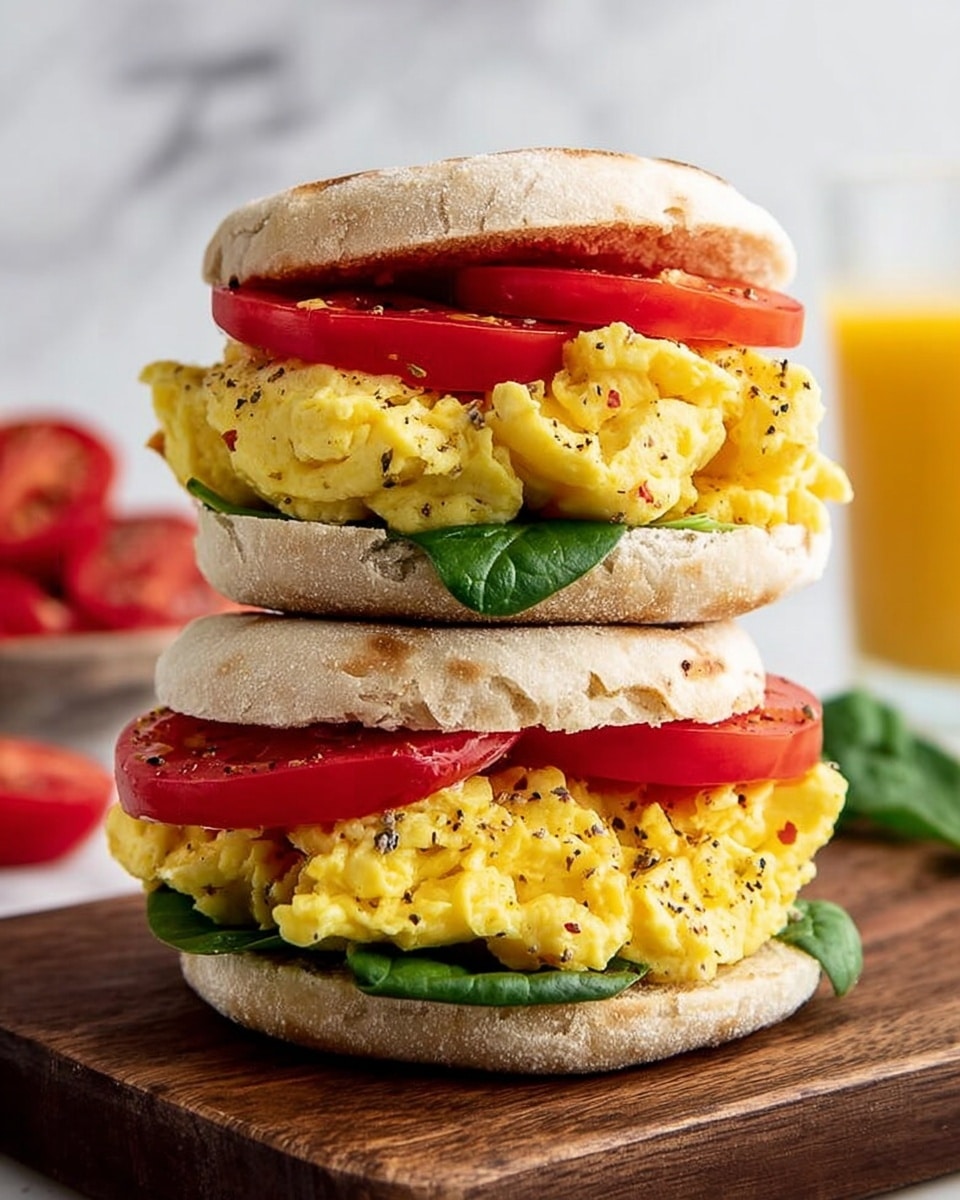 The image shows two stacked breakfast sandwiches on a wooden board, each sandwich made with a toasted English muffin. Each muffin is light brown and has a slightly rough texture. The bottom layer inside each sandwich is bright yellow scrambled eggs with a soft, fluffy texture, speckled with small black pepper bits. On top of the eggs are two thick slices of red tomato, sitting on fresh green spinach leaves, which peek slightly out from the edges. The sandwiches are stacked neatly, showing the layers clearly. The background is a white marbled surface and there is a blurred glass of orange juice in the distance. Photo taken with an iphone --ar 4:5 --v 7
