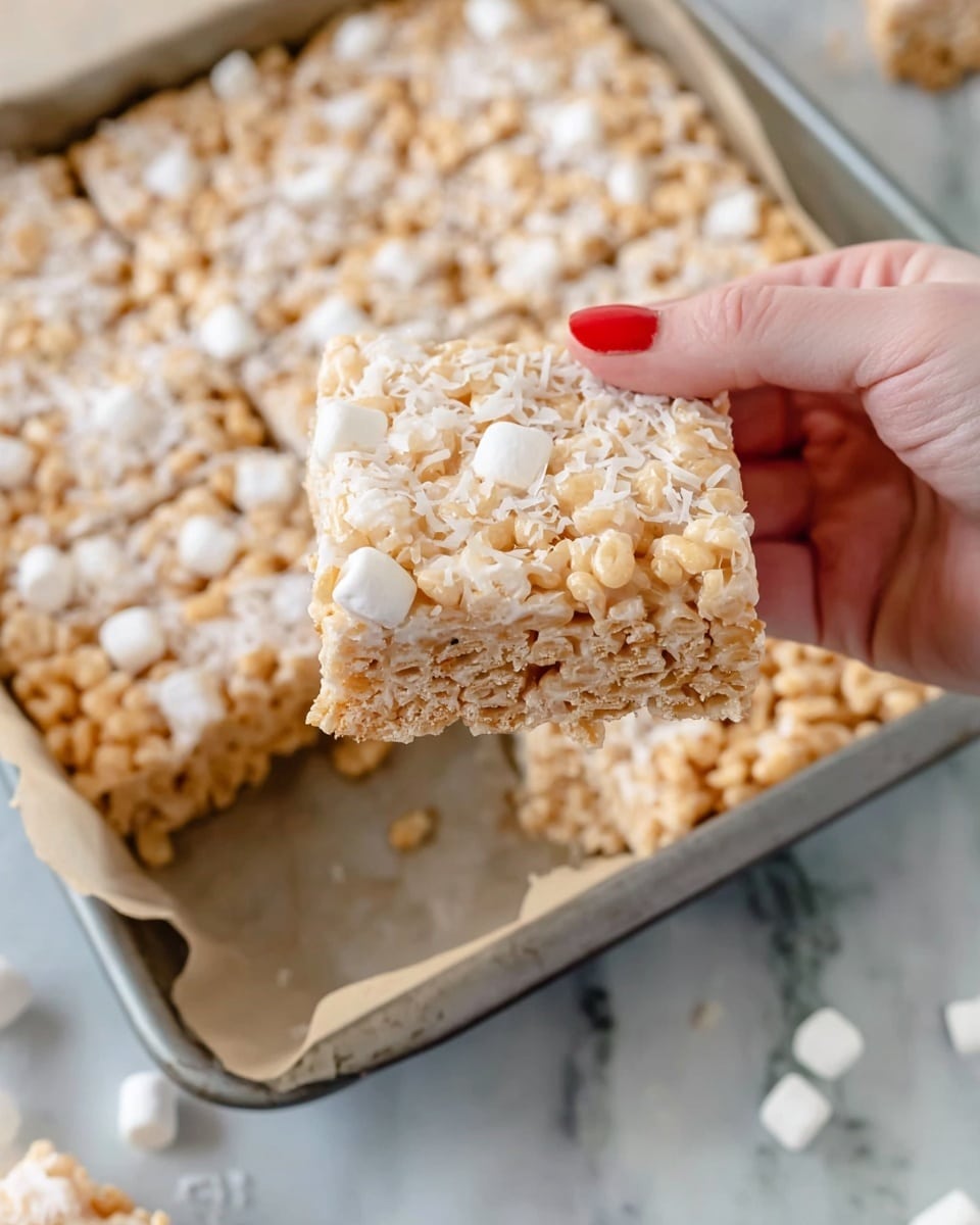 A close-up image shows a woman's hand with red nails holding a square crispy treat made of light tan rice cereal mixed with white marshmallows and topped with white shredded coconut flakes. The treat has a textured surface with small puffed cereal pieces visible through the sticky marshmallow mix. The woman's hand is lifting the square from a metal baking pan lined with parchment paper, filled with more of the same treats. The background is a white marbled surface with a few scattered small marshmallows and cereal pieces. Photo taken with an iphone --ar 4:5 --v 7