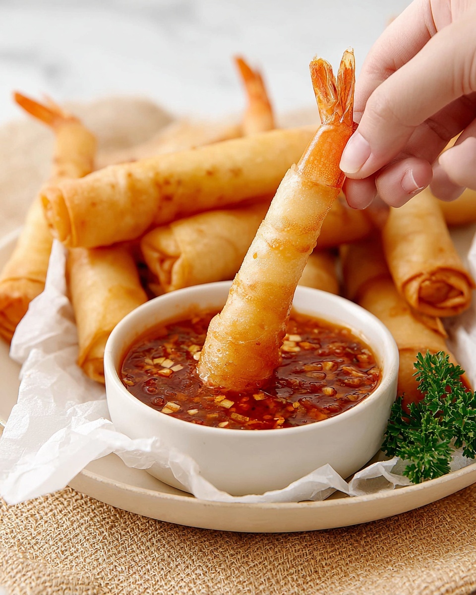 Firecracker Shrimp in a Blanket Recipe 5 A close-up shows a woman's hand dipping a crispy golden shrimp roll into a small white bowl filled with thick, reddish-orange dipping sauce with visible bits of garlic and chili. The shrimp roll is long and thin, wrapped in light brown, crunchy fried dough with the shrimp tail sticking out from the top. In the background, several more shrimp rolls lie piled on a white plate lined with white parchment paper. A small sprig of green parsley sits near the plate edge on a beige cloth with a soft, woven texture. The whole scene is set on a white marbled surface, giving a clean, bright feel. Photo taken with an iphone --ar 4:5 --v 7