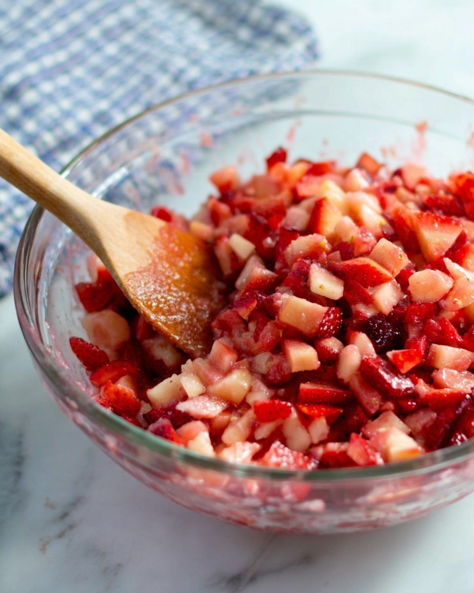 A clear glass bowl filled with a mix of finely chopped fruits, mainly red strawberries and light pink pieces of another fruit, creating a colorful and chunky texture. A wooden spoon rests inside the bowl, slightly coated with the fruit mixture. The bowl is placed on a white marbled surface with a soft focus background that includes a checkered cloth in blue and white tones. The overall look is fresh and vibrant, emphasizing the natural color contrast between the red and lighter fruit pieces photo taken with an iphone --ar 4:5 --v 7
