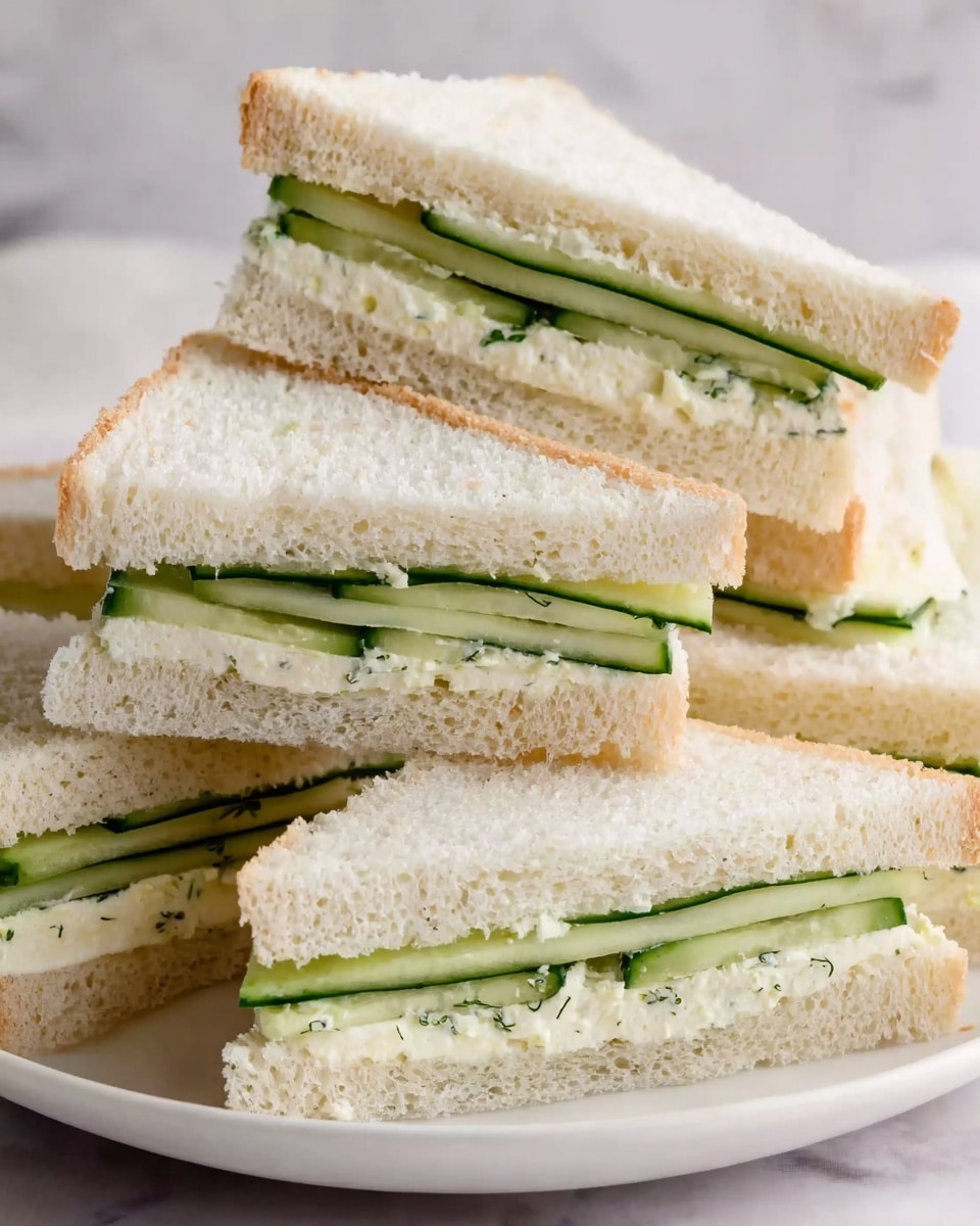 The image shows several triangular white bread sandwiches stacked on a white plate, placed on a white marbled surface. Each sandwich has two layers of soft white bread with a visible filling of thin cucumber slices and a layer of creamy spread, likely butter or cream cheese, with small bits of green herbs. The texture of the bread looks soft and fluffy, while the cucumber slices add a fresh, crisp green color. The sandwiches are closely stacked, showing their layers clearly. photo taken with an iphone --ar 4:5 --v 7