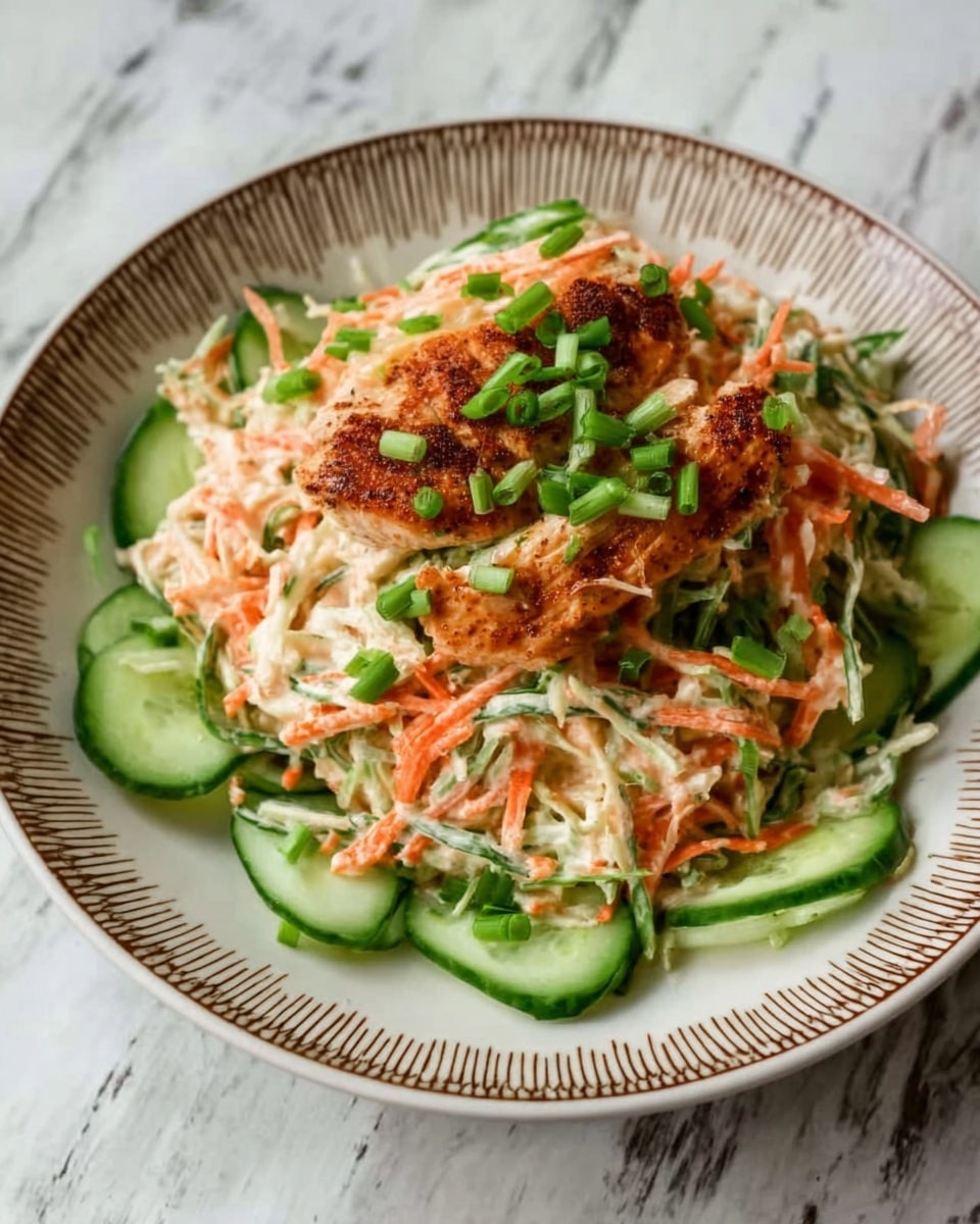 The dish shows a white plate with a light brown patterned rim, placed on a white marbled surface. At the bottom, thin green cucumber sticks are arranged in a fan shape around the edge. On top of the cucumbers, there is a creamy light beige salad made of shredded pieces, mixed with thin orange carrot strips. A slice of grilled chicken with a golden brown and crispy texture lies on top, sprinkled with green chopped onions. The dish looks fresh and colorful with a mix of creamy, crunchy, and savory layers. photo taken with an iphone --ar 4:5 --v 7