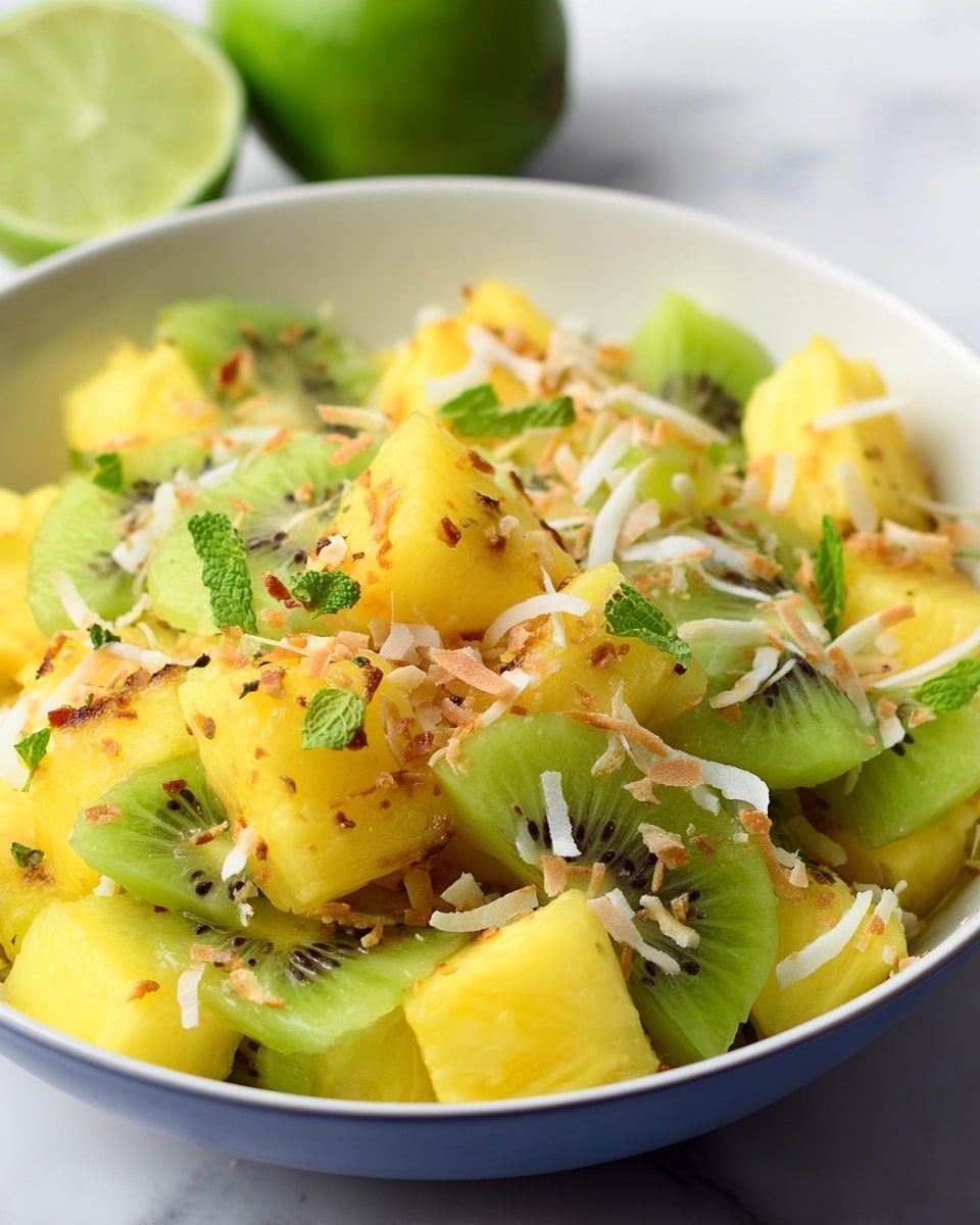 A close-up image of a fruit salad in a white bowl shows three main layers: large yellow pineapple chunks forming the base, bright green sliced kiwi pieces scattered throughout the bowl mixing with the pineapple, and small toasted coconut flakes sprinkled over the top, adding texture and color contrast. Small green mint leaves are scattered across the fruit, adding fresh green highlights. The bowl sits on a white marbled surface, and part of a cut lime is blurred in the background. Photo taken with an iphone --ar 4:5 --v 7