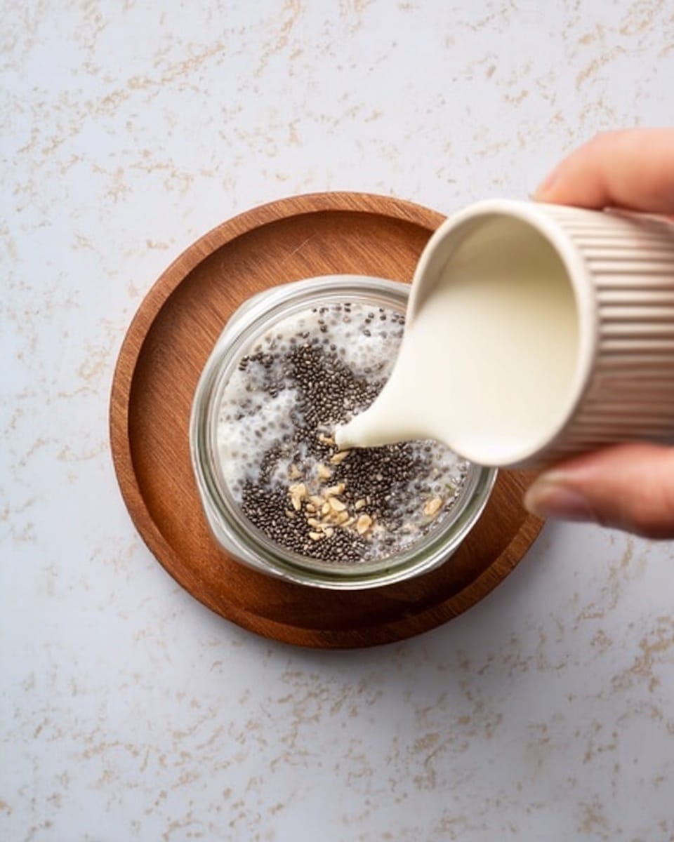 A clear glass jar is shown from above on a small round wooden coaster, placed on a white marbled surface. Inside the jar, there are black chia seeds scattered on the bottom, with small bits of light brown nuts or seeds mixed in. A woman's hand is pouring white milk from a white ribbed cup into the jar, creating a creamy layer that blends with the chia seeds below. Photo taken with an iphone --ar 4:5 --v 7