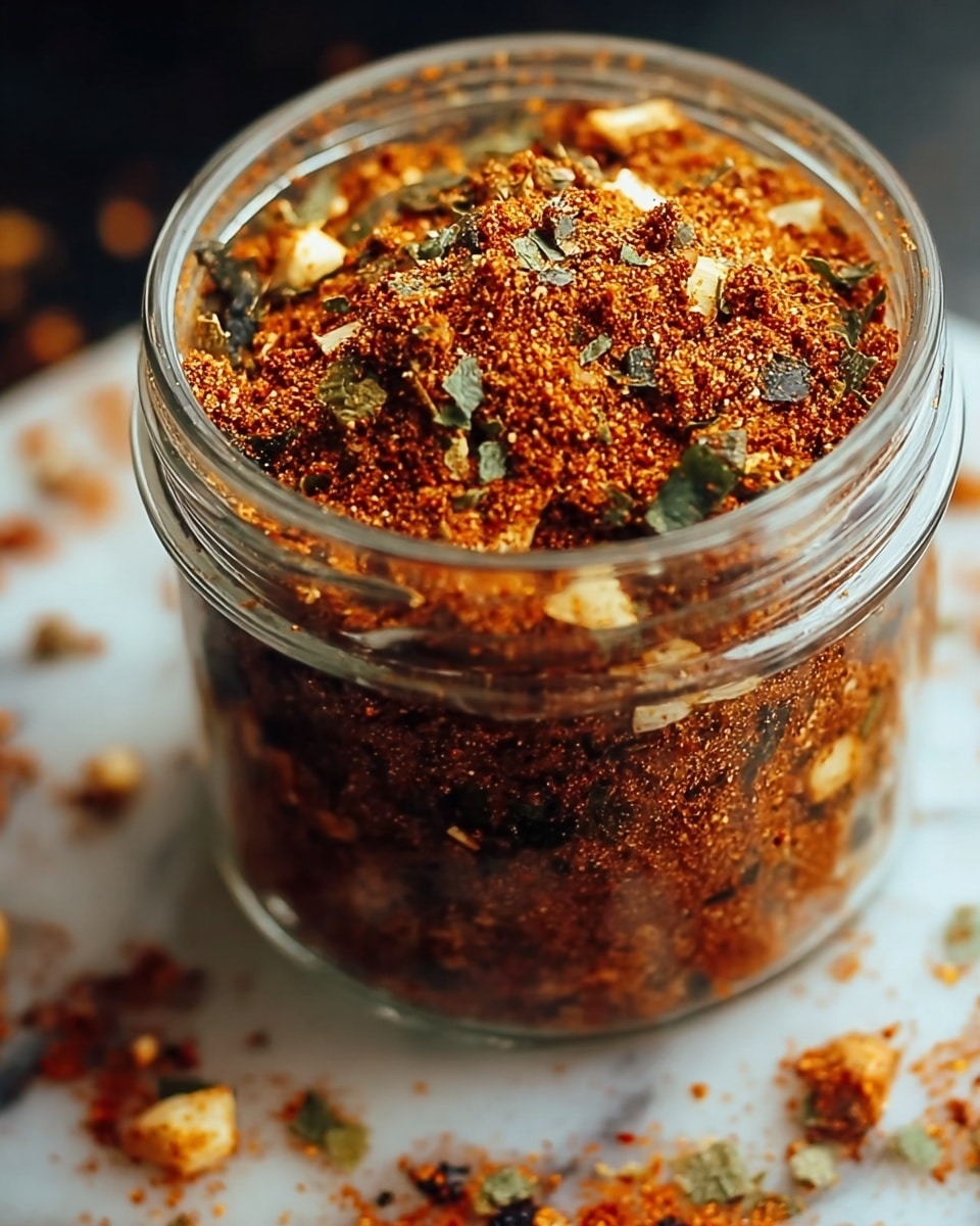 A clear glass jar filled with a thick mix of reddish-brown spice powder layered densely throughout, containing small pieces of white chunks and scattered green herb flakes. The spice is coarse and grainy, with a textured surface showing bits of dried herbs and possibly seeds, giving it a rough and crumbly look. Some spice bits are spilled outside the jar on a white marbled surface, adding a casual, natural touch. The jar itself is small and round with visible glass rim details. Photo taken with an iphone --ar 4:5 --v 7