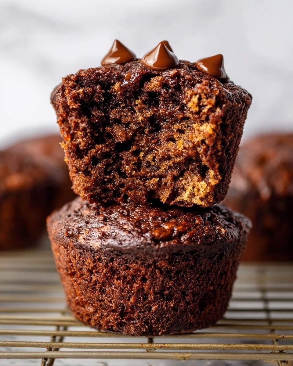 The image shows two dark brown chocolate muffins stacked on top of each other, with the top muffin broken in half to reveal a moist, crumbly interior with bits of light brown within. The top half of the broken muffin has three shiny, melted chocolate chips on its surface, and the muffins sit on a metal rack. The background is a white marbled texture. photo taken with an iphone --ar 4:5 --v 7