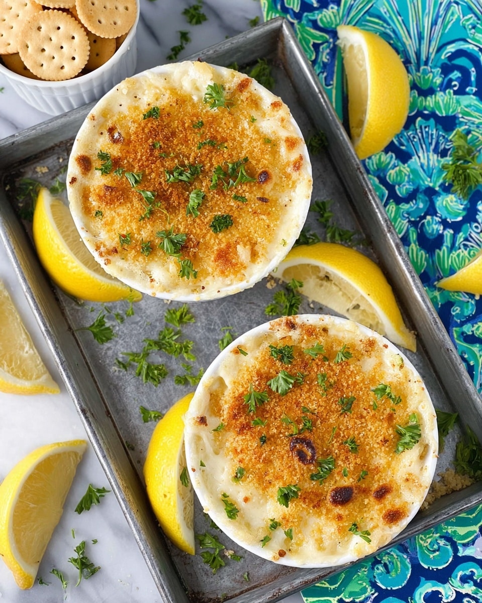 Two small white bowls filled with a creamy dish topped with a golden brown crispy layer and sprinkled with fresh green parsley leaves. Each bowl has a slightly rough toasted surface with crumbs giving texture on top. The bowls sit on a rectangular dark gray metal tray placed on a white marbled surface. Around the bowls are thin lemon slices and some scattered green parsley leaves, adding bright yellow and green contrasts. In the upper left corner, a small white bowl filled with round crackers is partly visible. The setting has a clean and fresh look with a bright blue and green patterned cloth on the right edge. Photo taken with an iphone --ar 4:5 --v 7