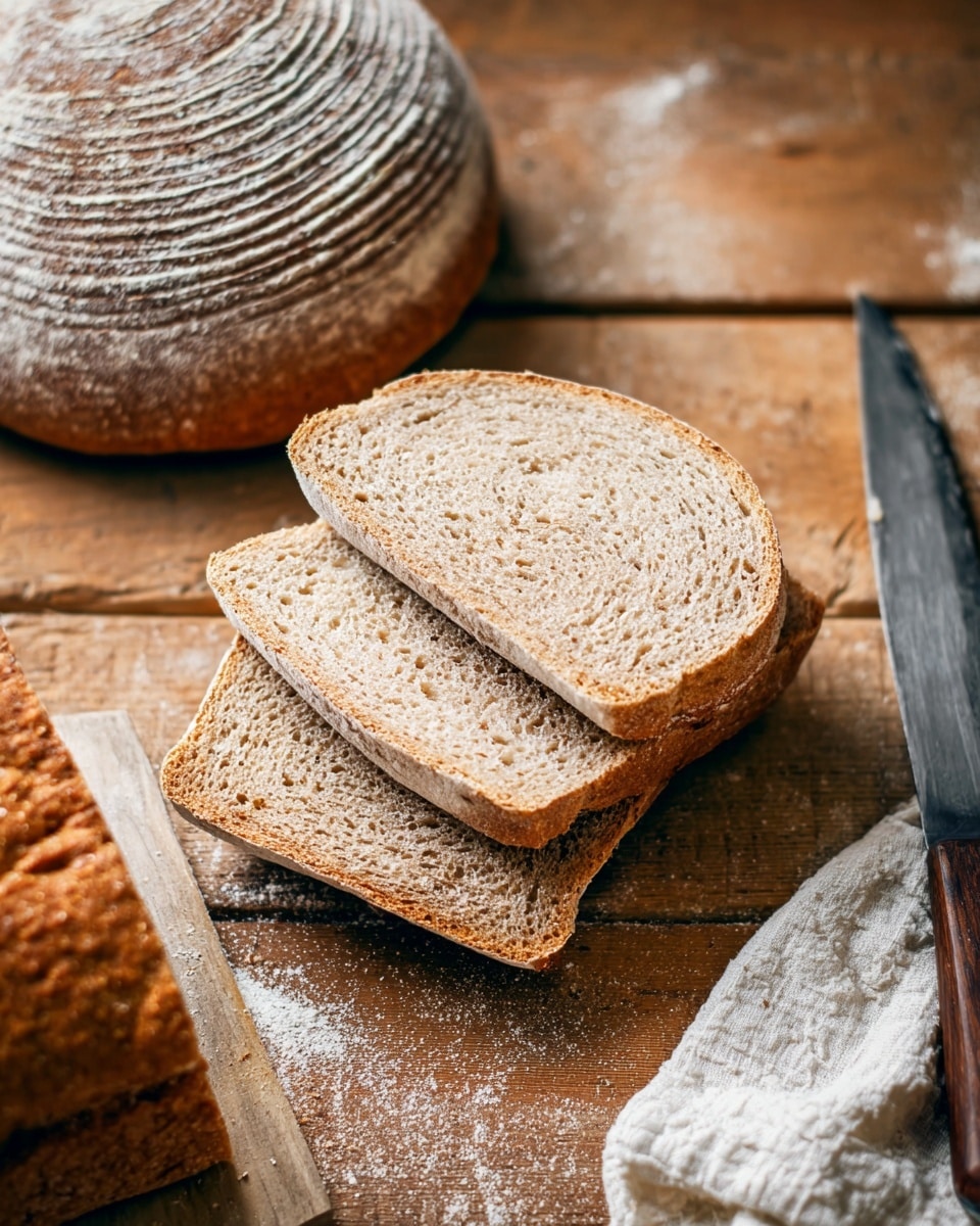 The image shows three slices of light brown, porous bread stacked slightly overlapping each other on a wooden surface. To the top left, there is a round loaf of bread with a dusting of flour and a spiral pattern on the crust. At the bottom left, part of a rectangular loaf of bread with a crispy crust is visible. On the bottom right, a white textured cloth is partially visible next to a large knife with a wooden handle. The scene is set on a wooden textured background. photo taken with an iphone --ar 4:5 --v 7