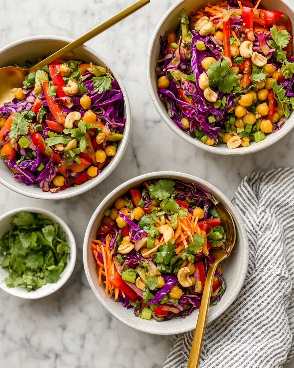 Three white bowls filled with a colorful salad are placed on a white marbled surface. Each bowl contains layers of bright purple cabbage strips, orange shredded carrots, red bell pepper chunks, light tan chickpeas and cashews, and green sliced scallions, all topped with fresh green cilantro leaves. The textures show the cabbage as slightly crinkled, the carrots fine and stringy, and the chickpeas round and smooth. Two of the bowls have gold spoons resting inside, and a small white bowl with extra cilantro leaves is nearby. A striped white and black cloth is partially visible under one bowl. The photo taken with an iphone --ar 4:5 --v 7