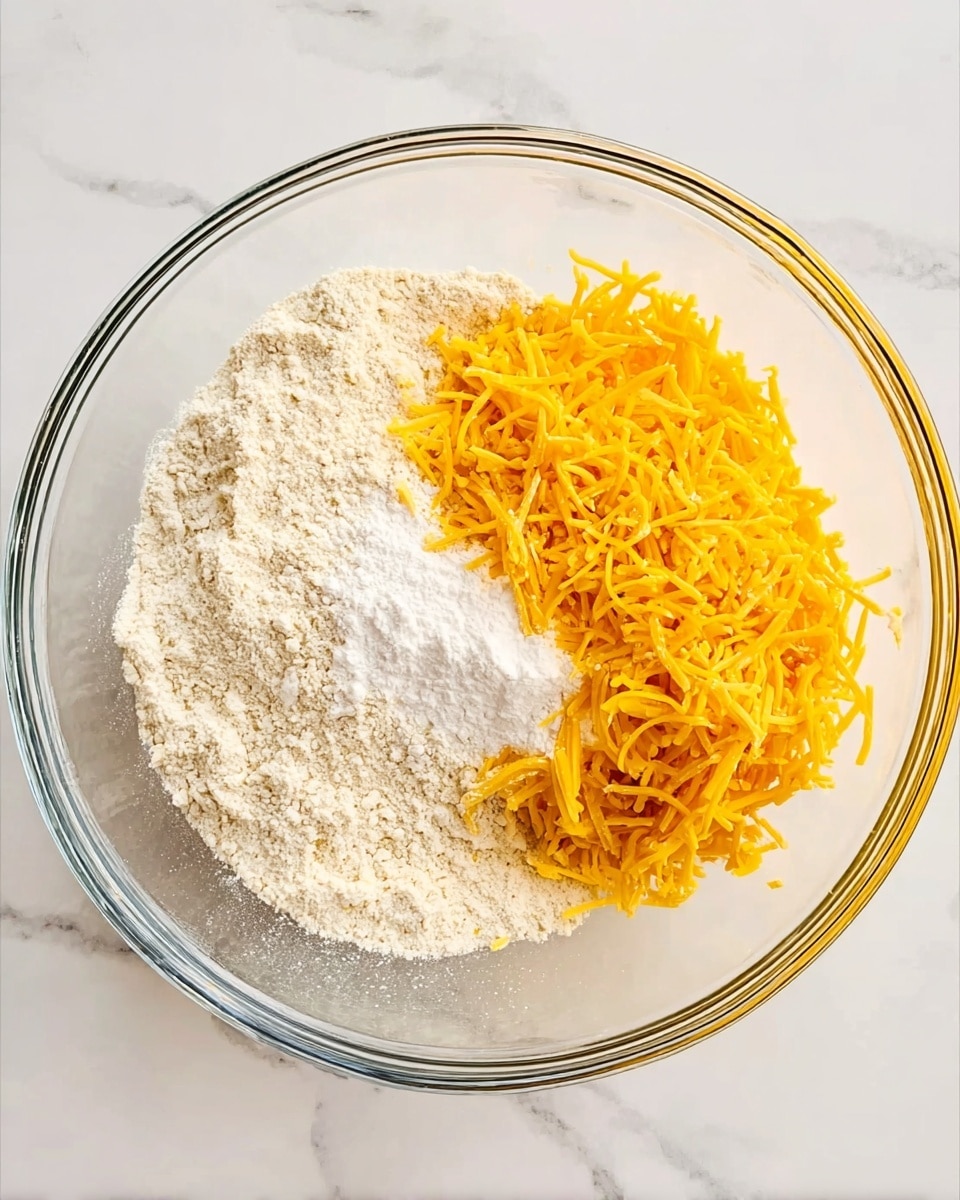 A clear glass bowl sits on a white marbled surface, filled with three main layers: on the left side, a light beige flour forms the base; on the right side, a bright orange shredded cheese covers part of the flour with fine, thin strands creating a textured look; in the middle, a small mound of white baking powder rests between the flour and cheese. The bowl is viewed from directly above, showing the distinct separation of the ingredients. Photo taken with an iphone --ar 4:5 --v 7