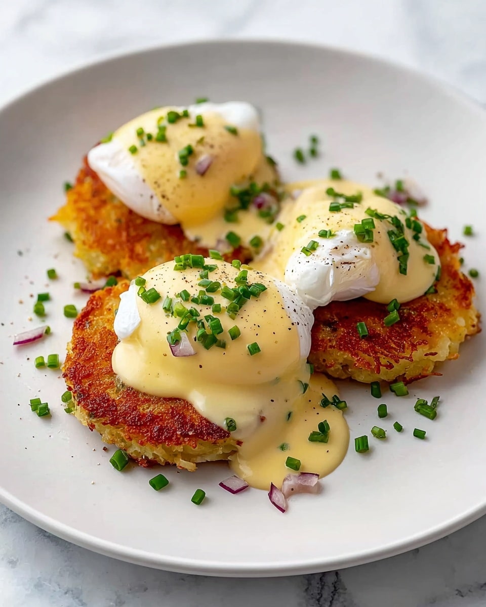 A white plate holds three golden brown potato patties with crispy edges. On top of each patty is a soft poached egg with smooth white texture. The eggs are coated with a pale yellow creamy sauce that drips slightly onto the plate. Small pieces of chopped green chives and bits of red onion are sprinkled over the sauce and eggs. There are also small spots of black pepper on the eggs and sauce. The plate sits on a white marbled surface. photo taken with an iphone --ar 4:5 --v 7